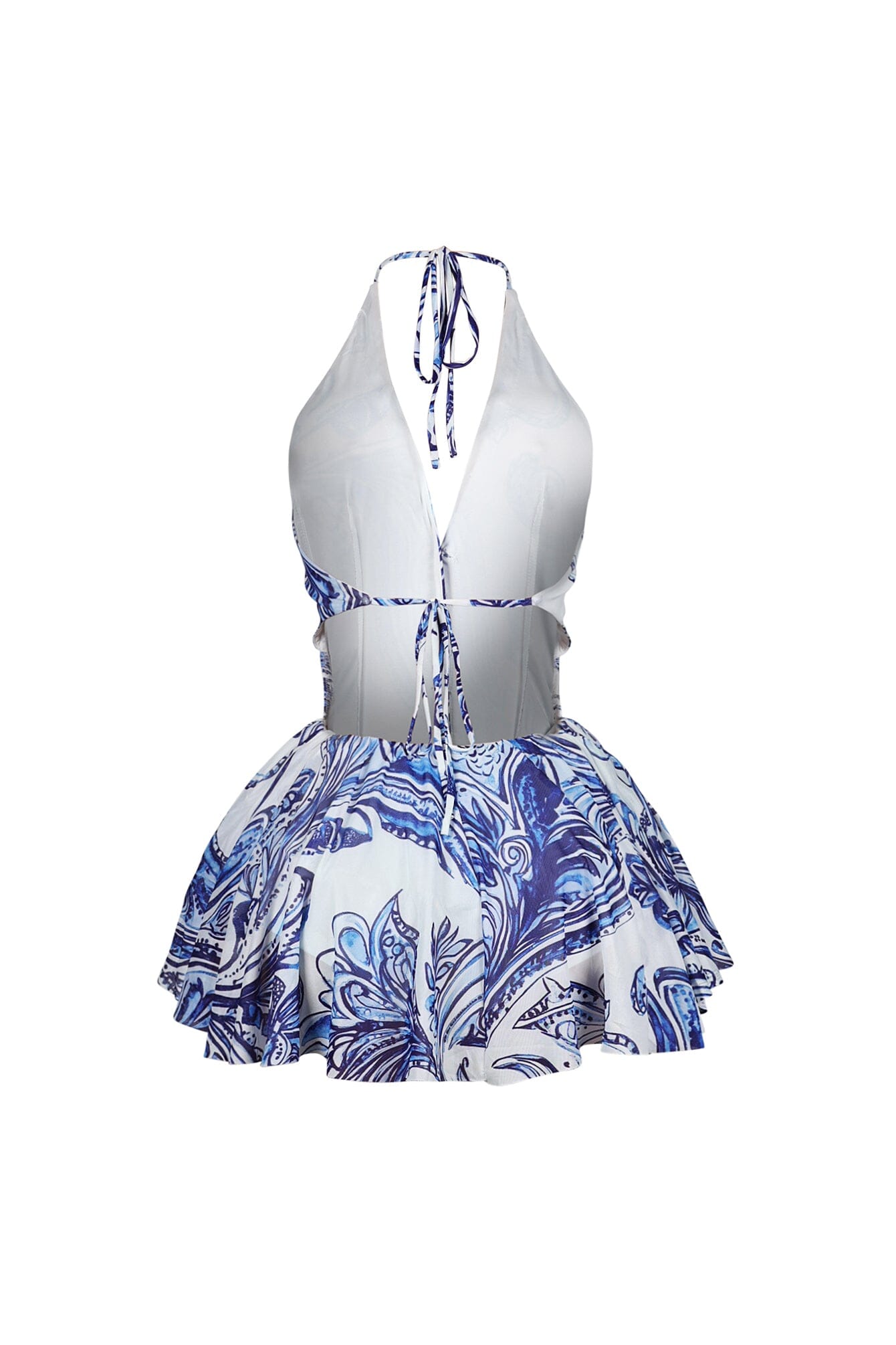 Azure Mesh Print Halter Mini Dress