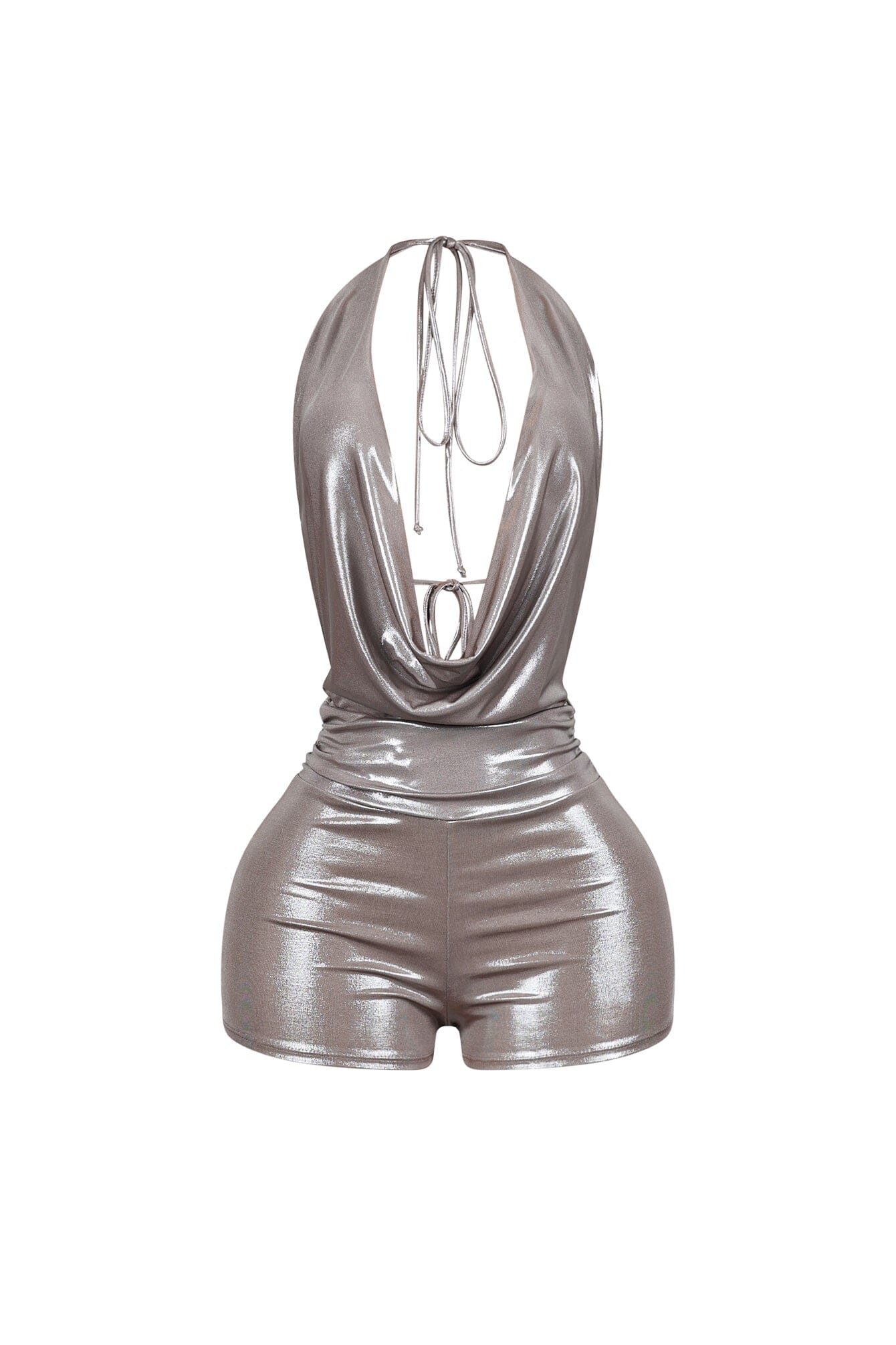 Backtie Foil Halter Slip Romper