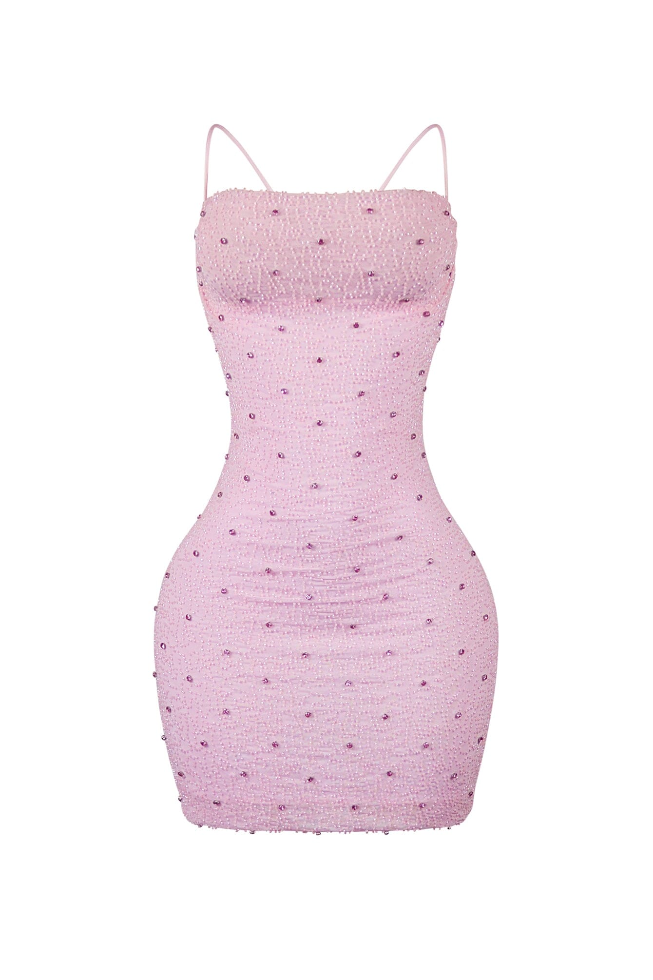 Delicate Blush Cowl Neck Rhinestone Mini Dress