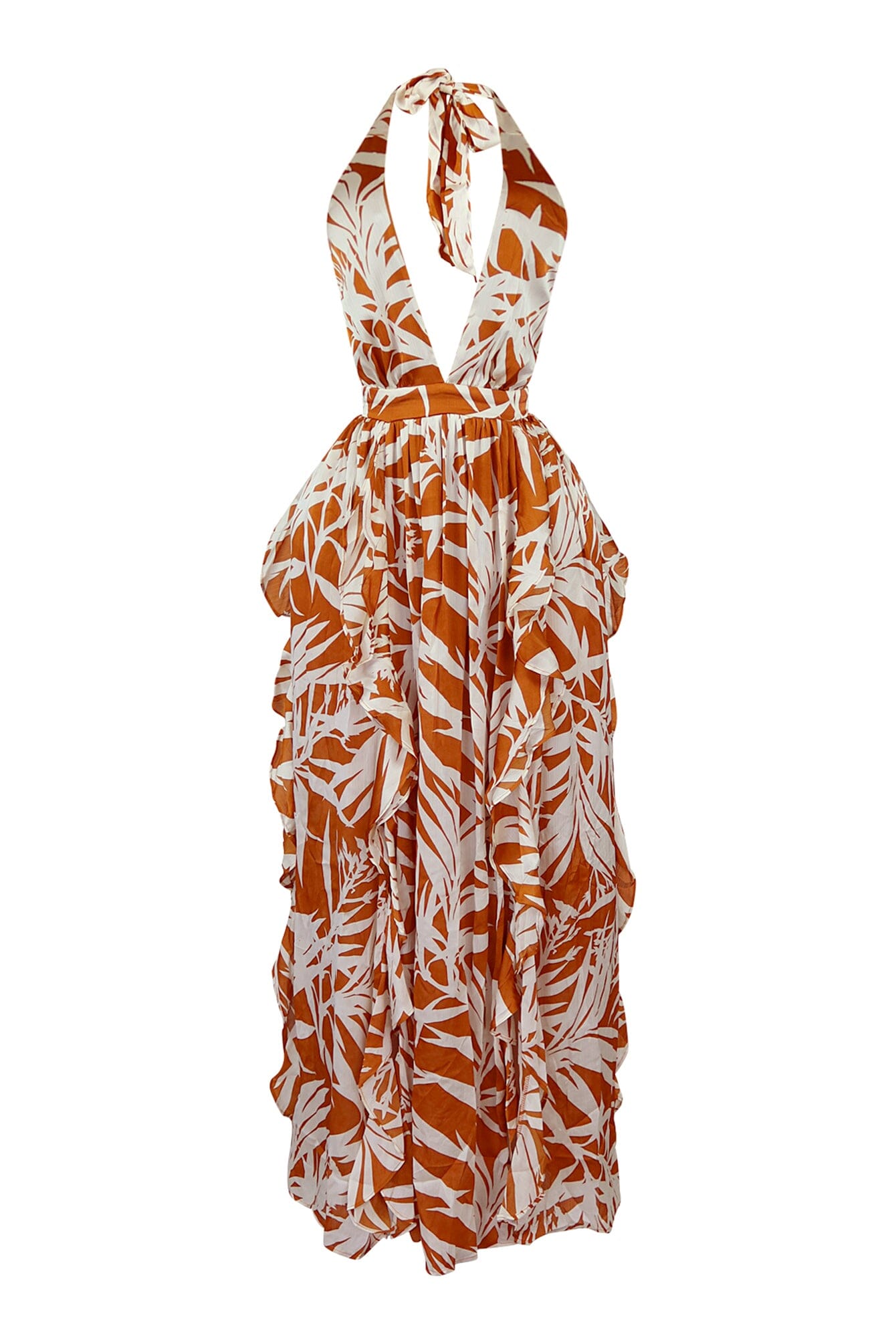 That Summer Satin Print Halter Ruffle Maxi Dress