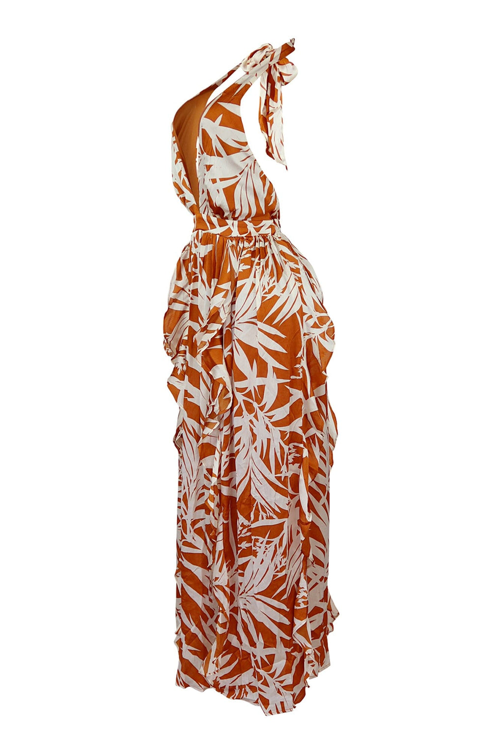 That Summer Satin Print Halter Ruffle Maxi Dress