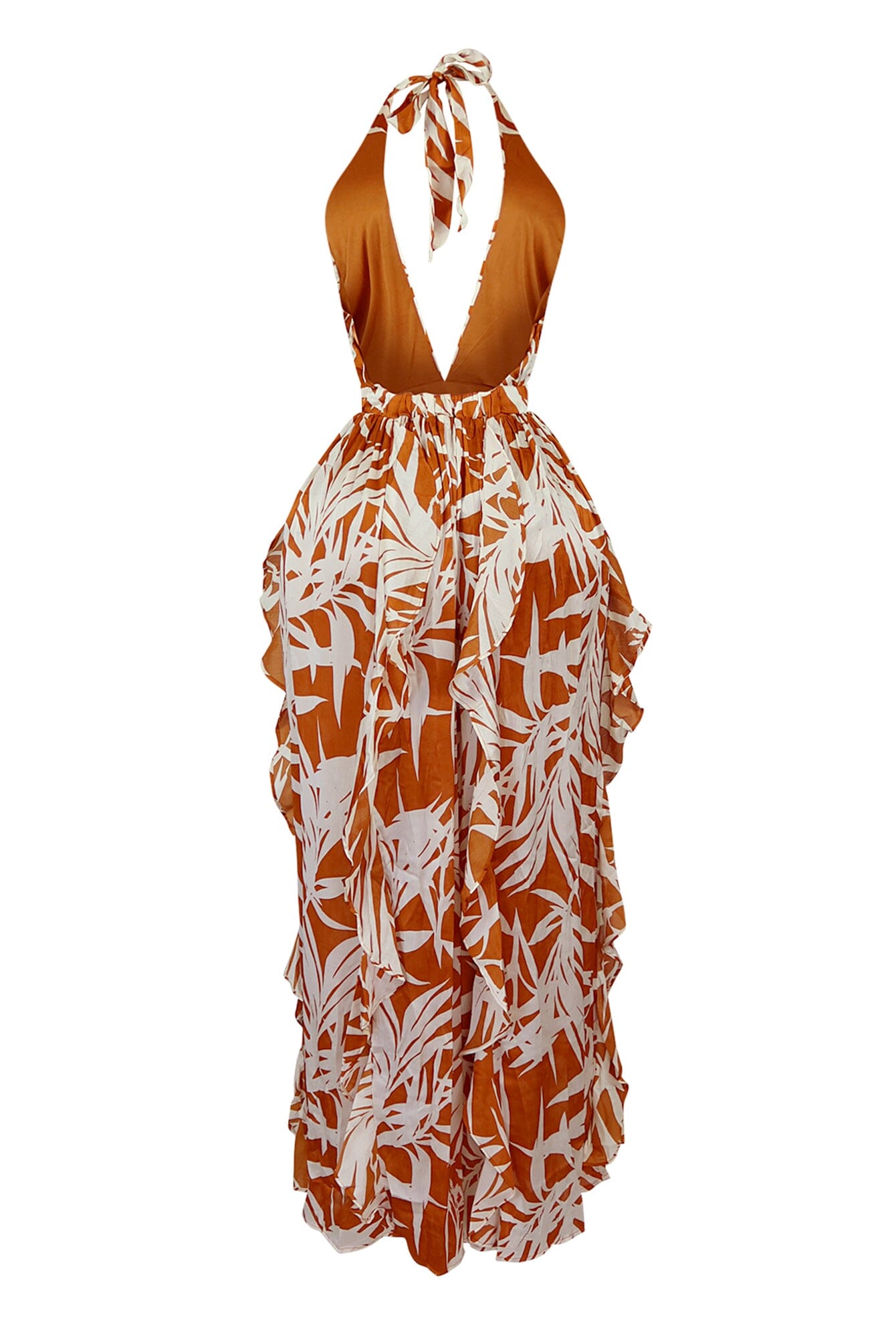 That Summer Satin Print Halter Ruffle Maxi Dress