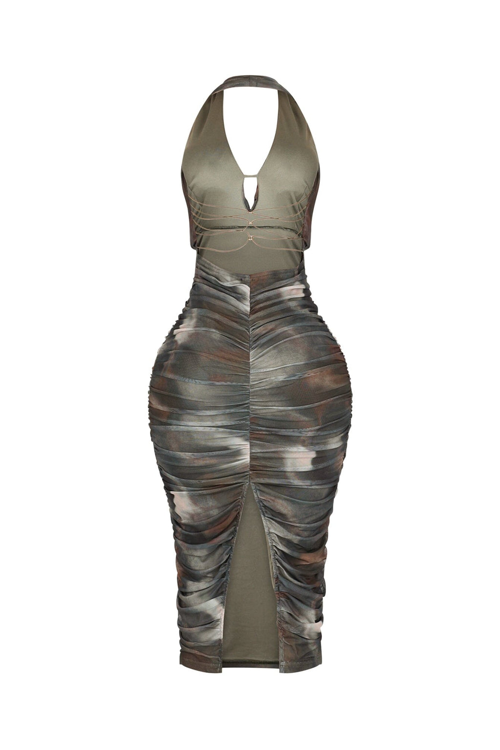 Olivine Mesh Print Ruched Dress