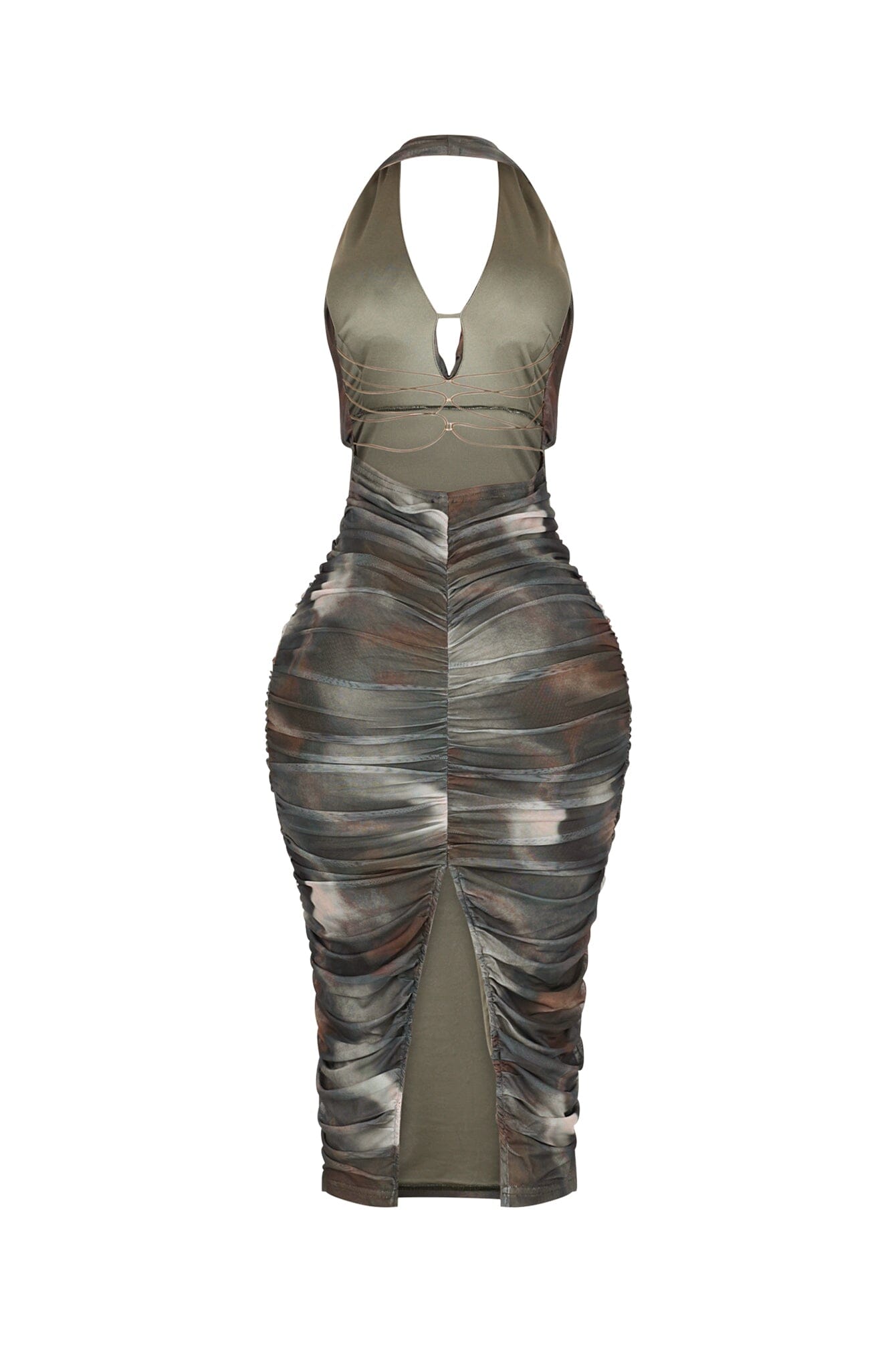 Olivine Mesh Print Ruched Dress