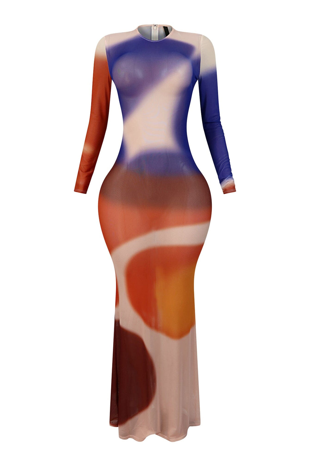 Zen Print Mesh Long Sleeve Maxi Dress