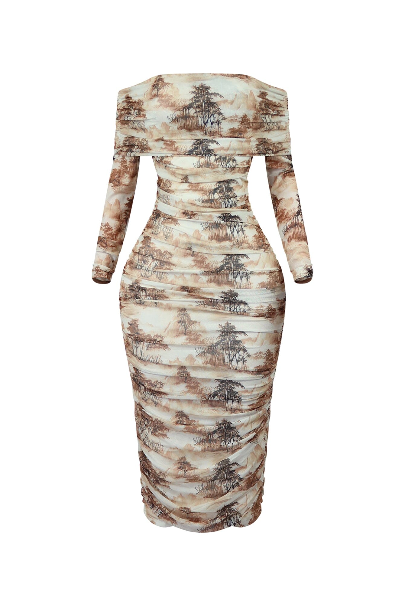 Everson Print Mesh Ruched Off Shoulder Long Sleeve Midi Dress