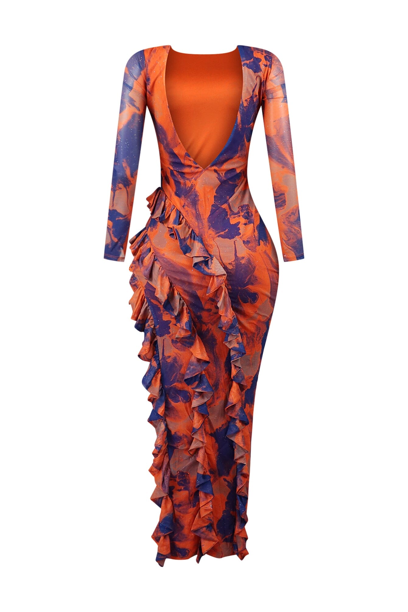 Crazy For U Print Mesh Ruffled V Back Maxi Dress