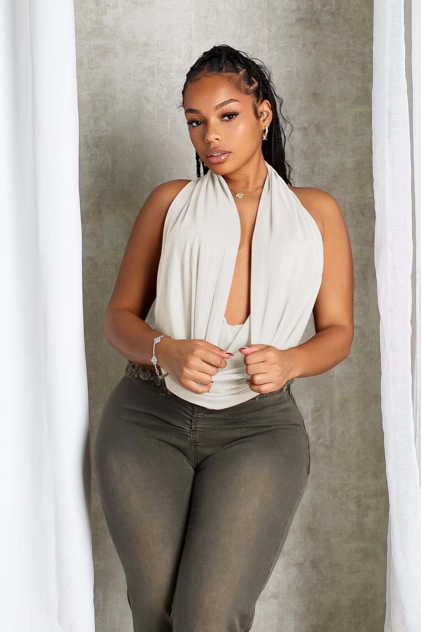 Cascading Mesh Cowl Neck Tie Top