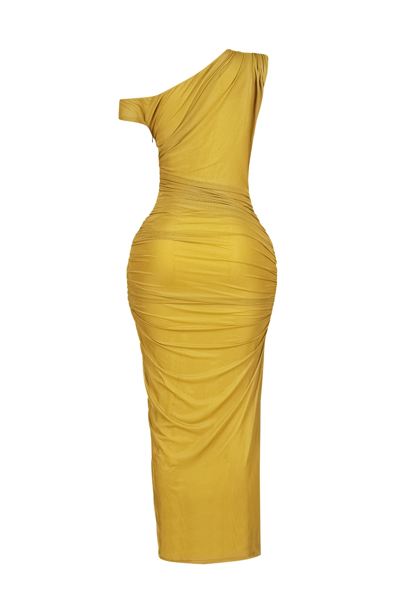 Theia Asymmetrical Ruched Mesh Dress