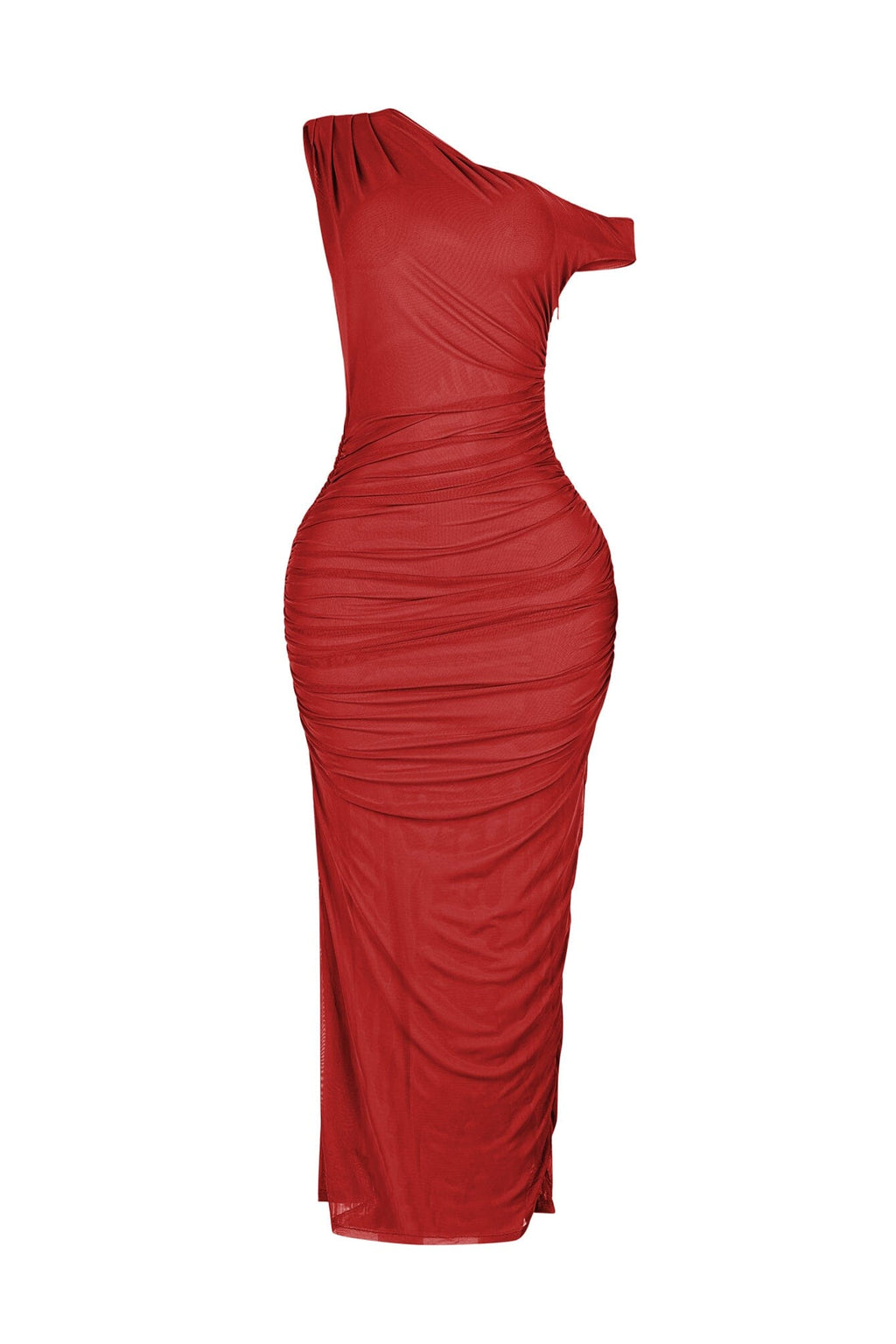 Theia Asymmetrical Ruched Mesh Dress