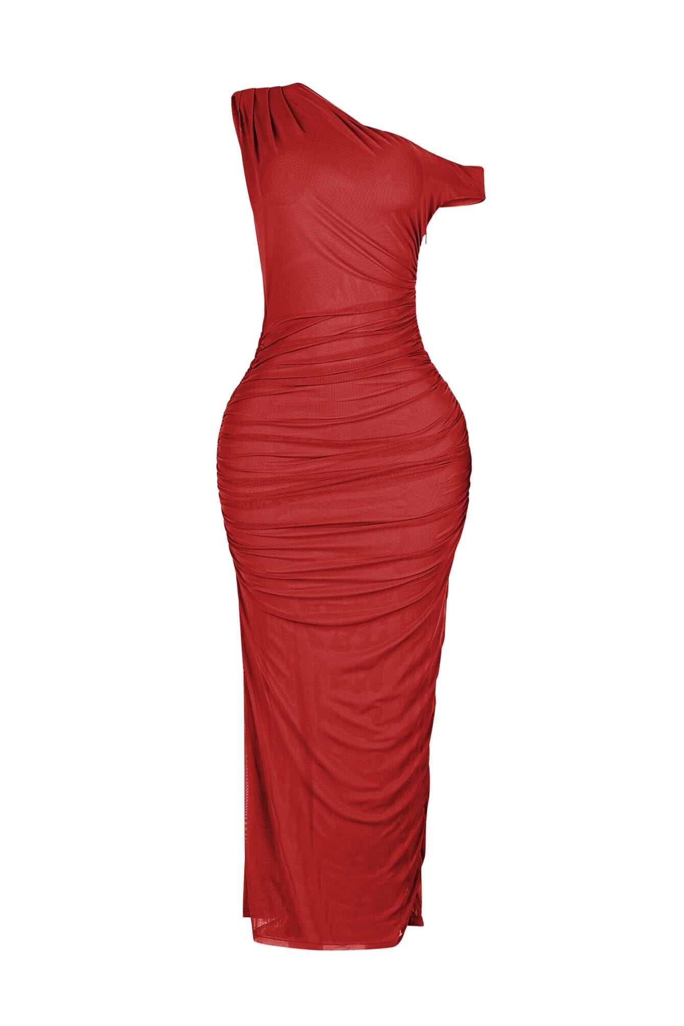 Theia Asymmetrical Ruched Mesh Dress