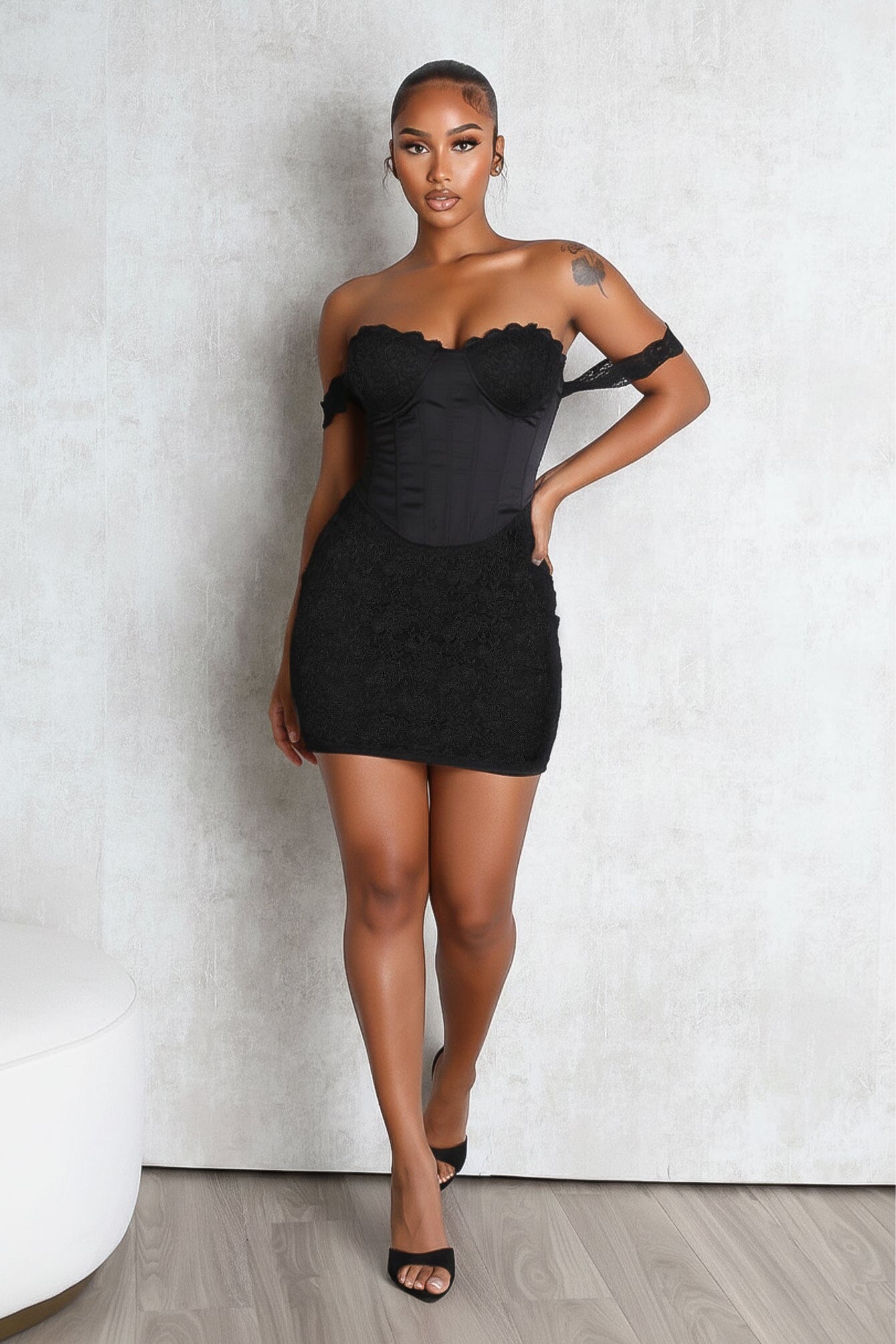 Fever Lace Off Shoulder Mini Dress