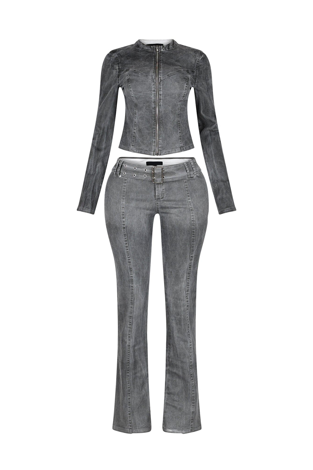 Euni Washed Denim Zip Up Top & Pants SET