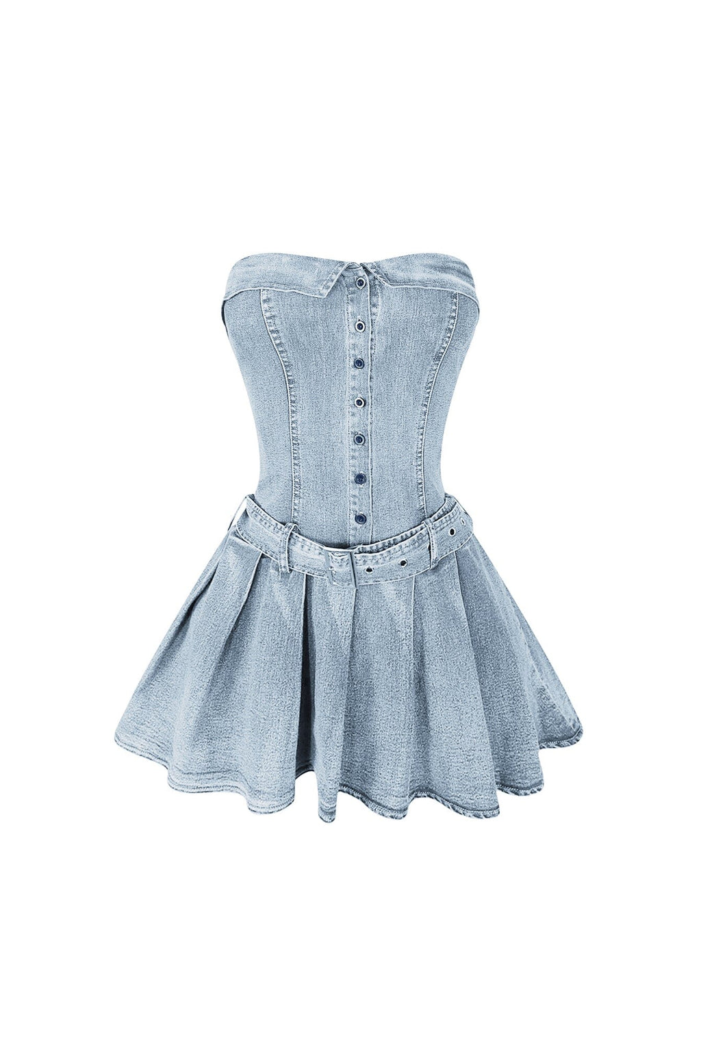 Allie Pleated Belt Strapless Denim Dress