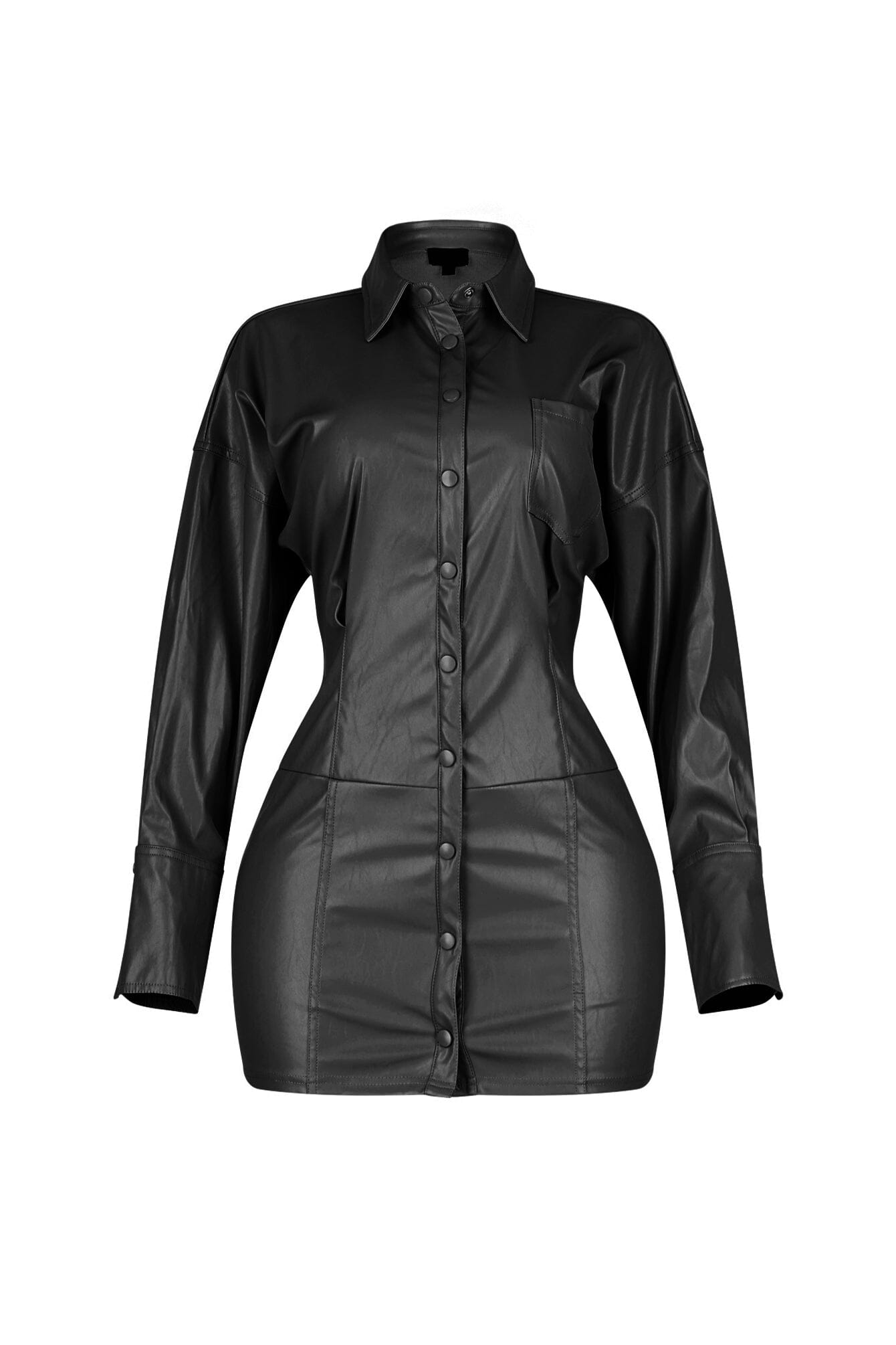 Velora Noir PU Button Up Dress