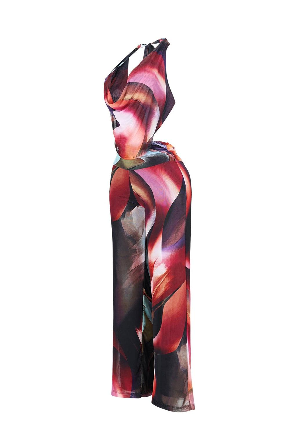 Mystique Flow Mesh Print Halter Jumpsuit