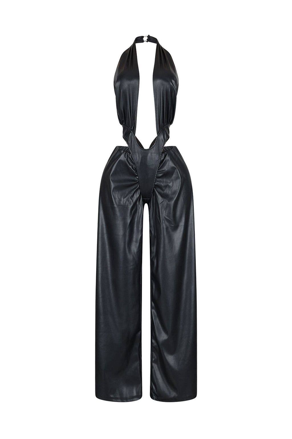 V Cut Vision PU Halter Jumpsuit