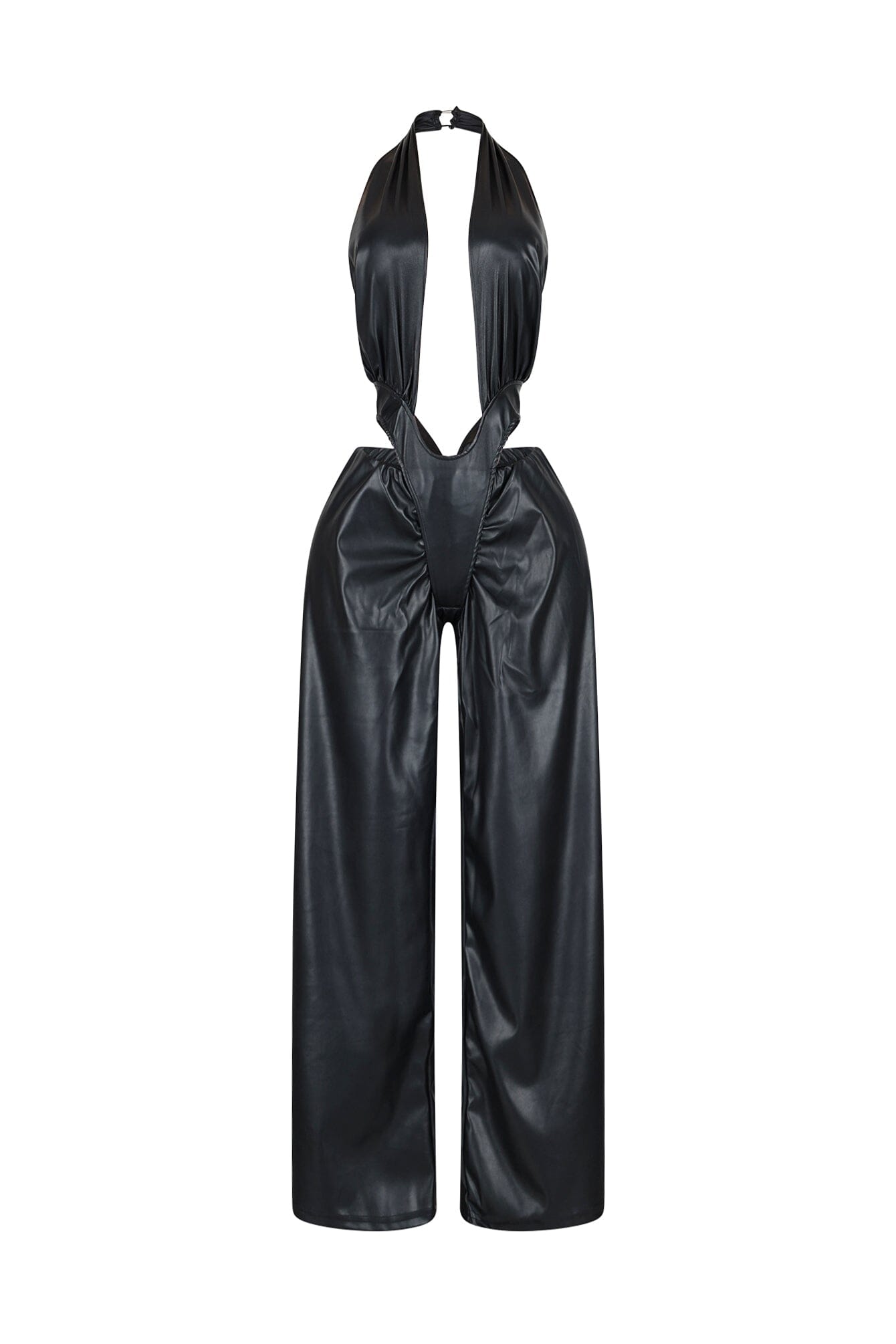 V Cut Vision PU Halter Jumpsuit
