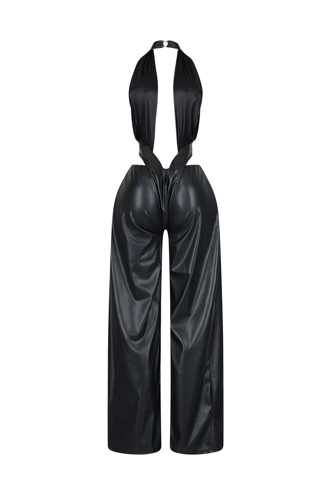 V Cut Vision PU Halter Jumpsuit