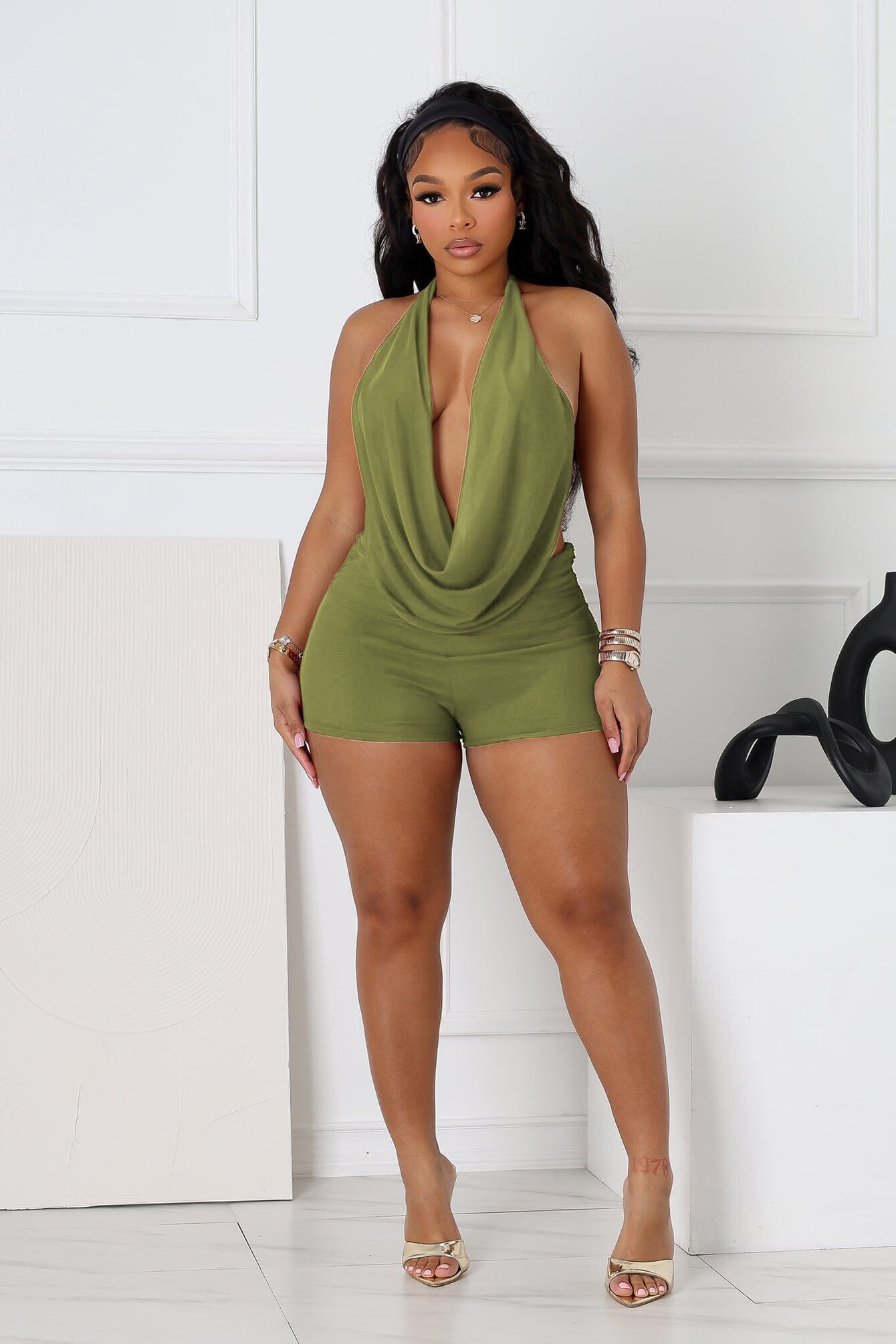 Wine Glow Mesh Cowl Neck Halter Romper