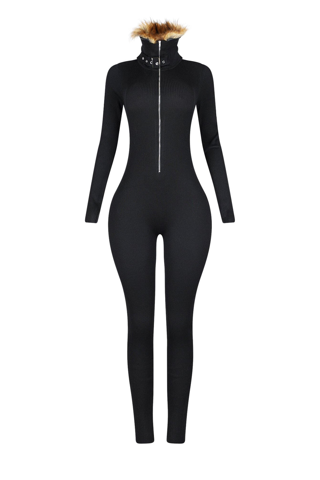 KS Power knit Jumpsuit With Fur Collar
