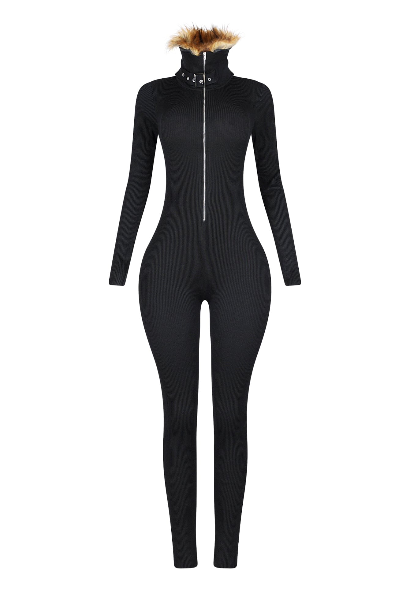 KS Power knit Jumpsuit With Fur Collar
