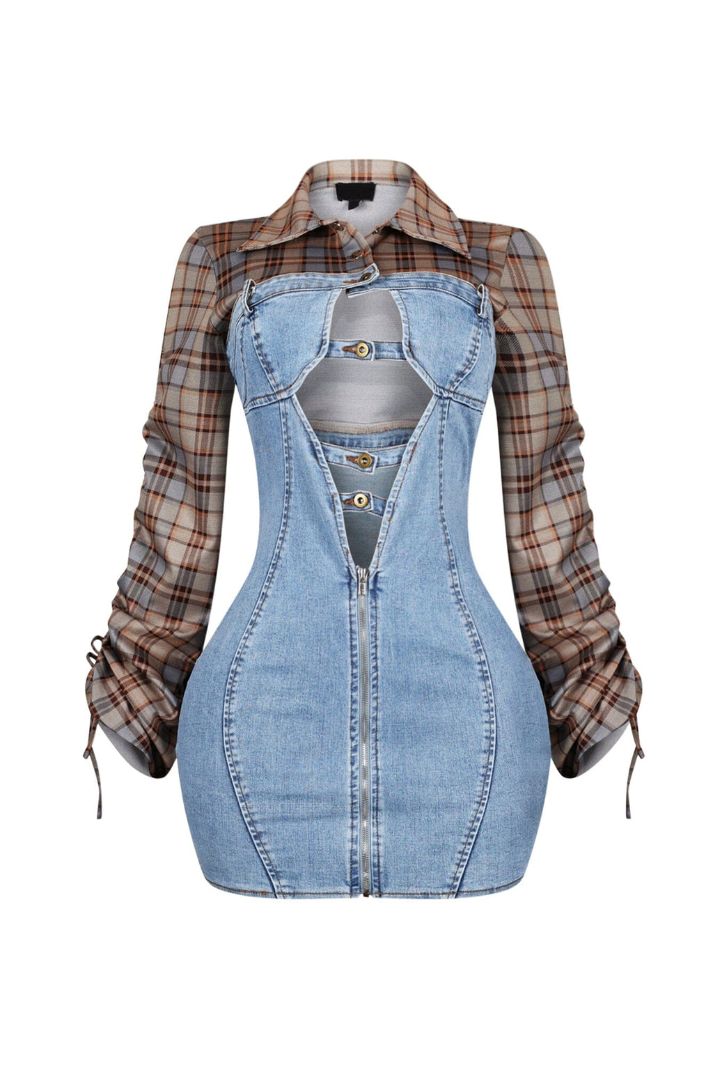 Jordie Denim Contrast Checkered Cutout Mini Dress