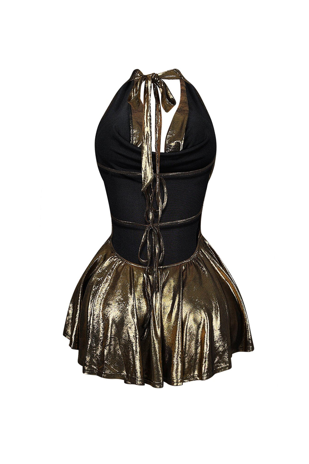 Lilybeth Foil Halter Flare Mini Dress
