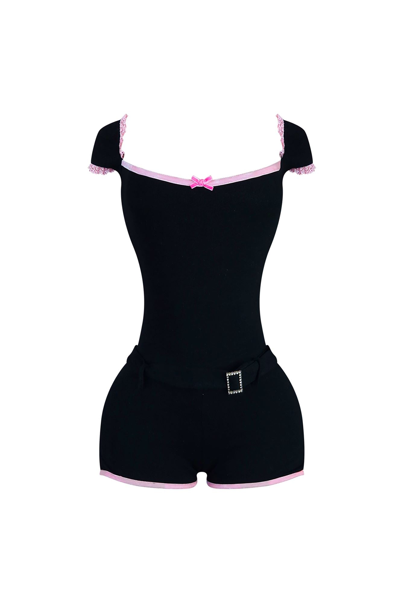 Unlock It Lace Trim Belted Romper