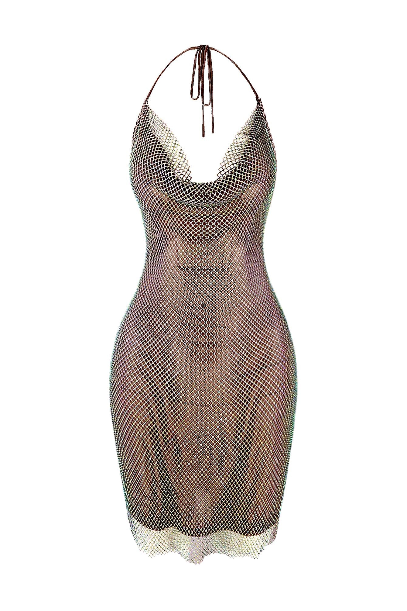 All Nighter Rhinestone Fishnet Halter Dress