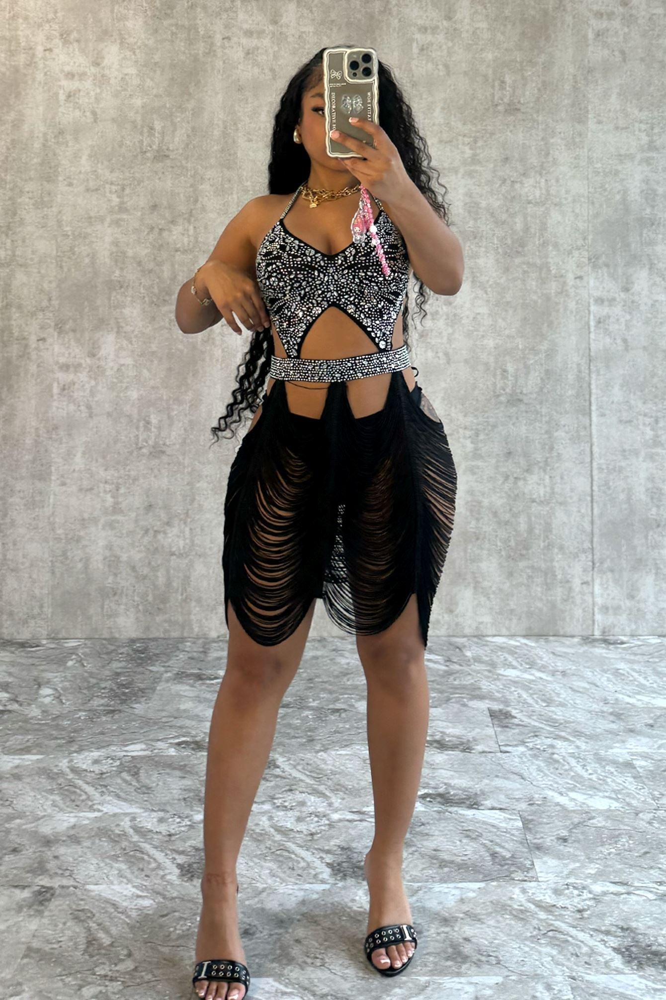 Shake It Draped Tassel Fringe Rhinestone Dress