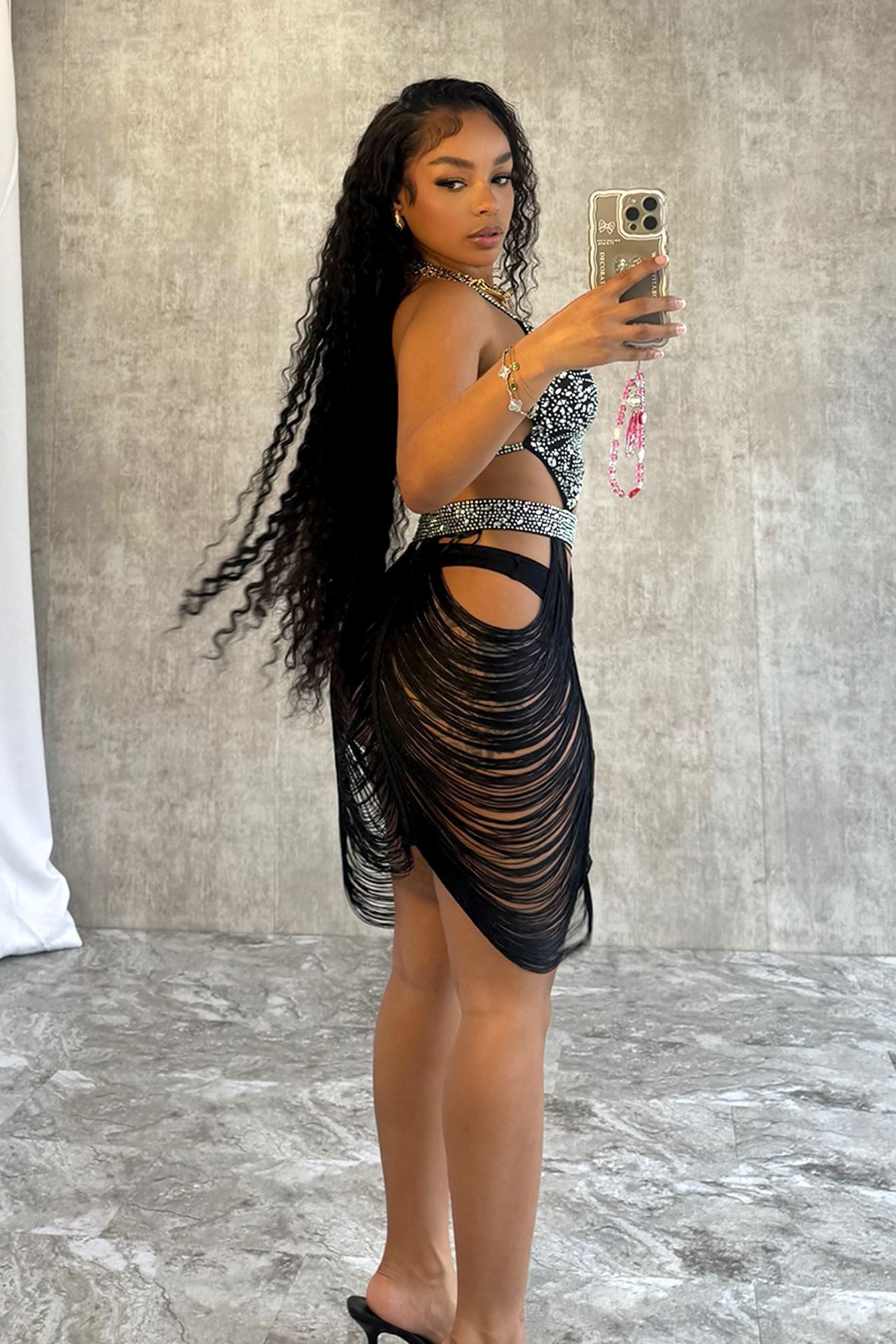 Shake It Draped Tassel Fringe Rhinestone Dress