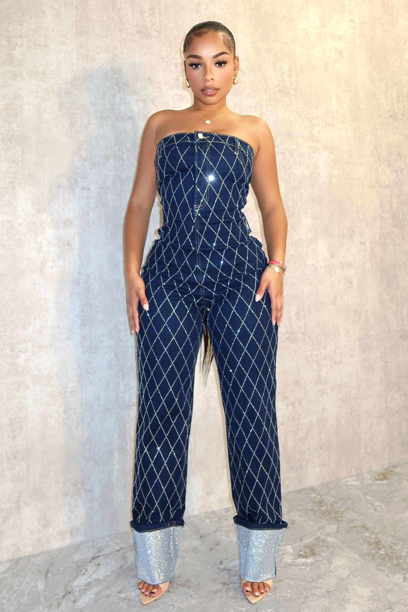 Cross Me Out Rhinestone Denim Jumpsuit