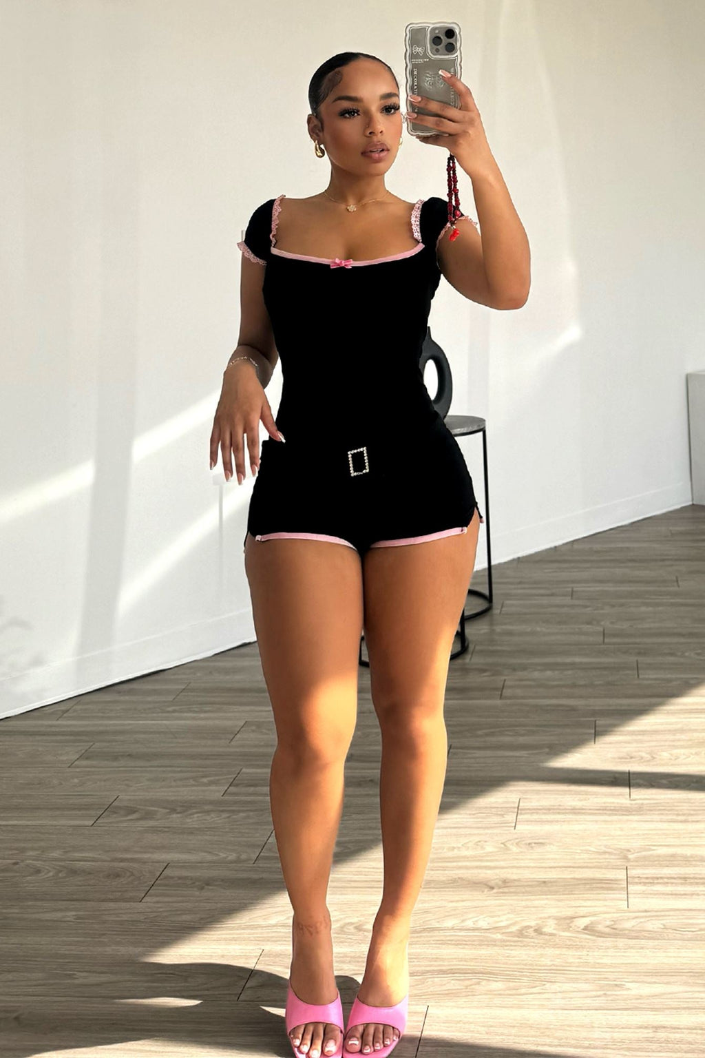 Unlock It Lace Trim Belted Romper