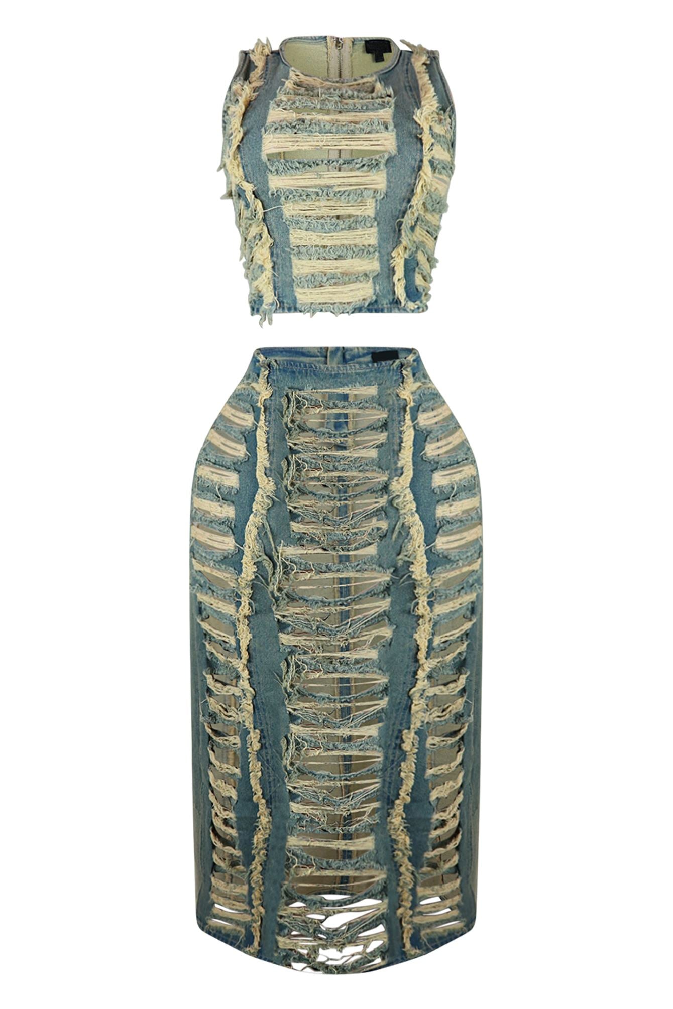 Hush Up Washed Distressed Top & Skirt SET