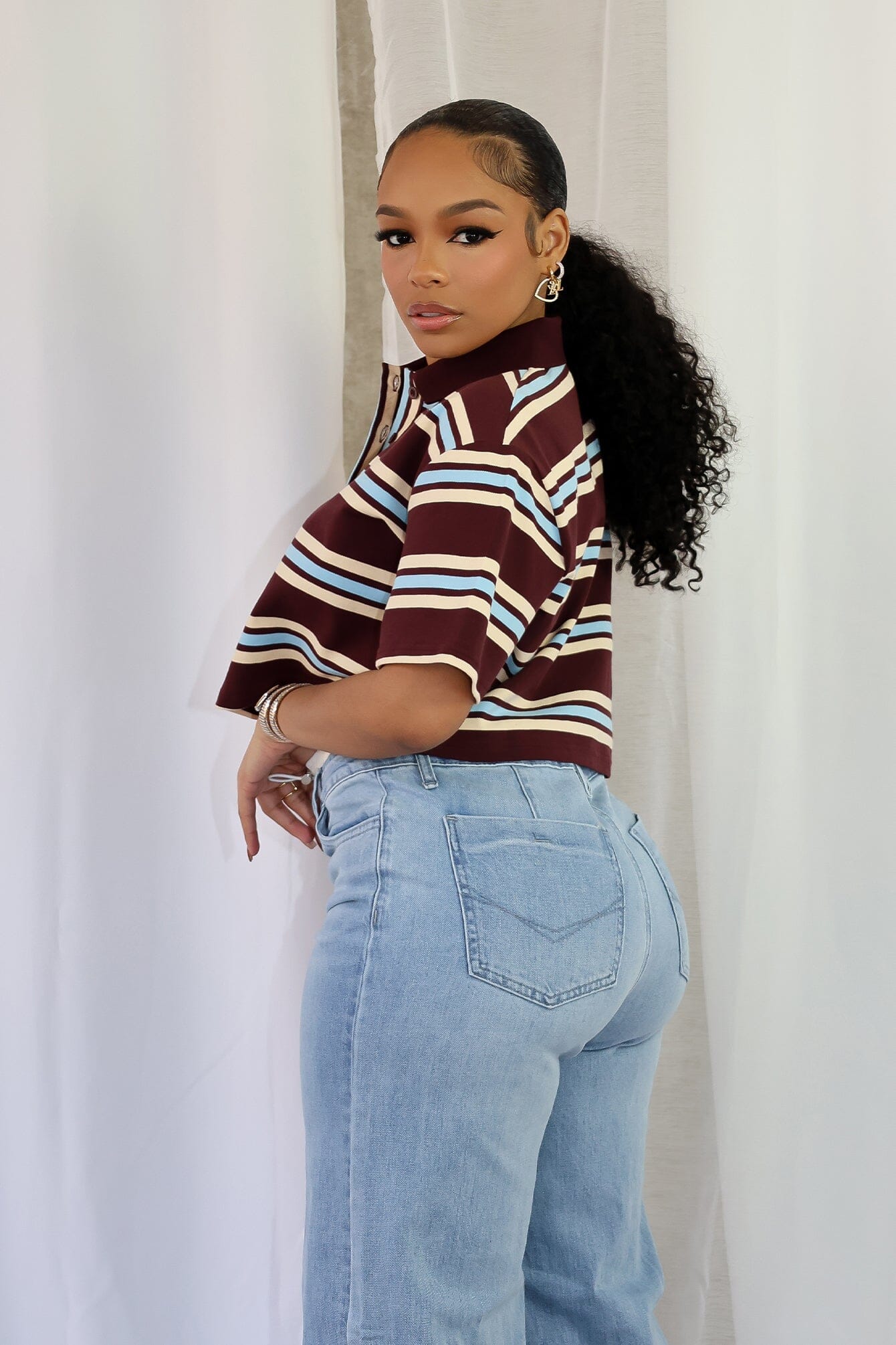 Sally Striped Collared Button Up Crop Top