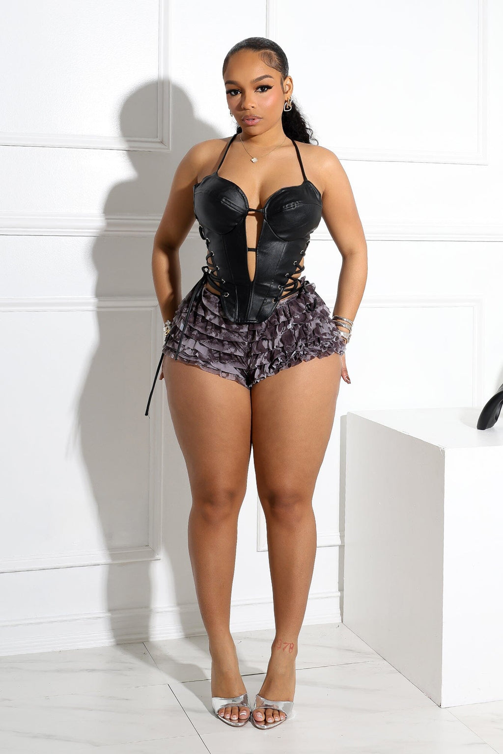 Brennan Mesh Snake Print Ruffle Shorts