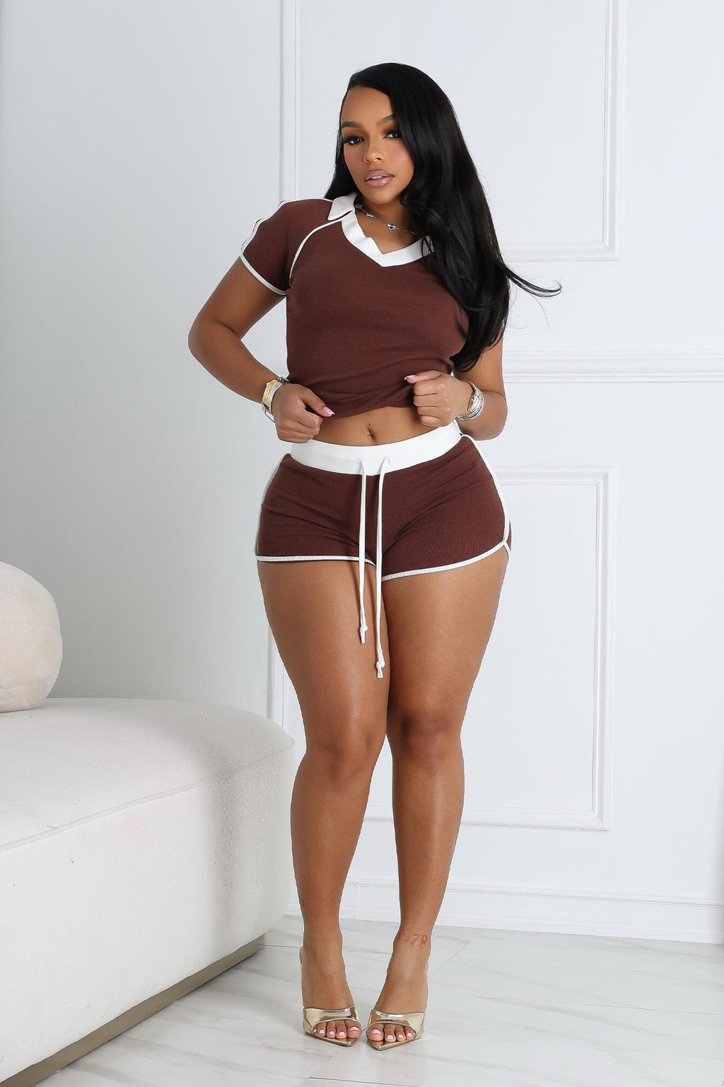 Yumi Contrast Piping Collared Top & Shorts SET