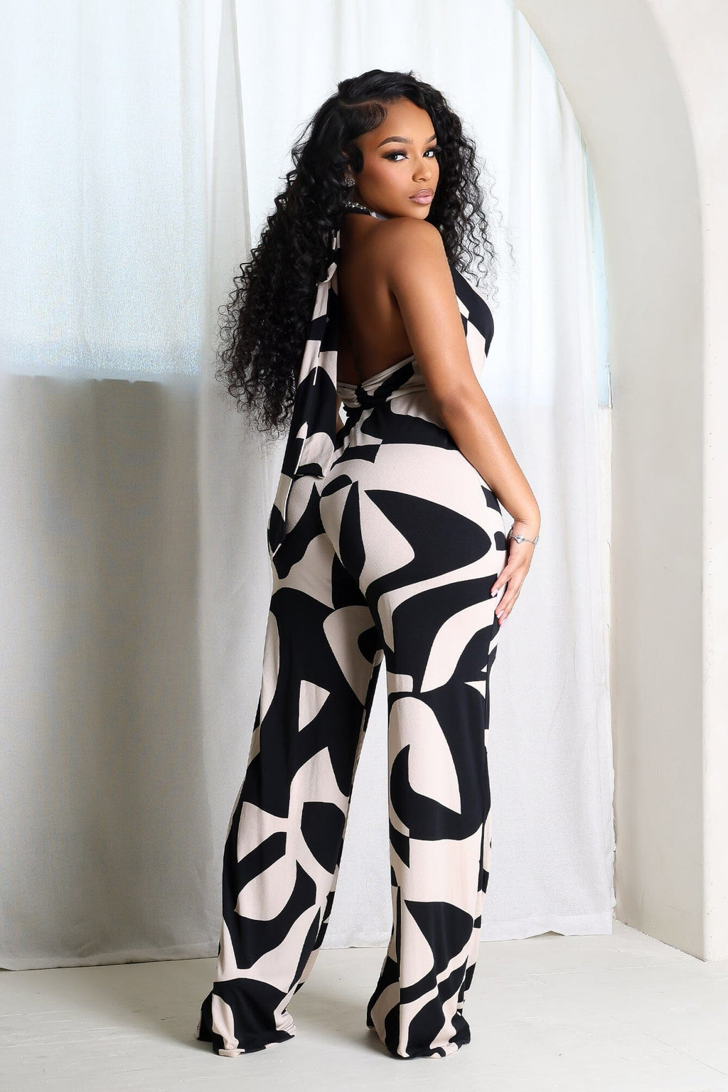 Chic Mesh Printed Cowl Neck Jumpsuit