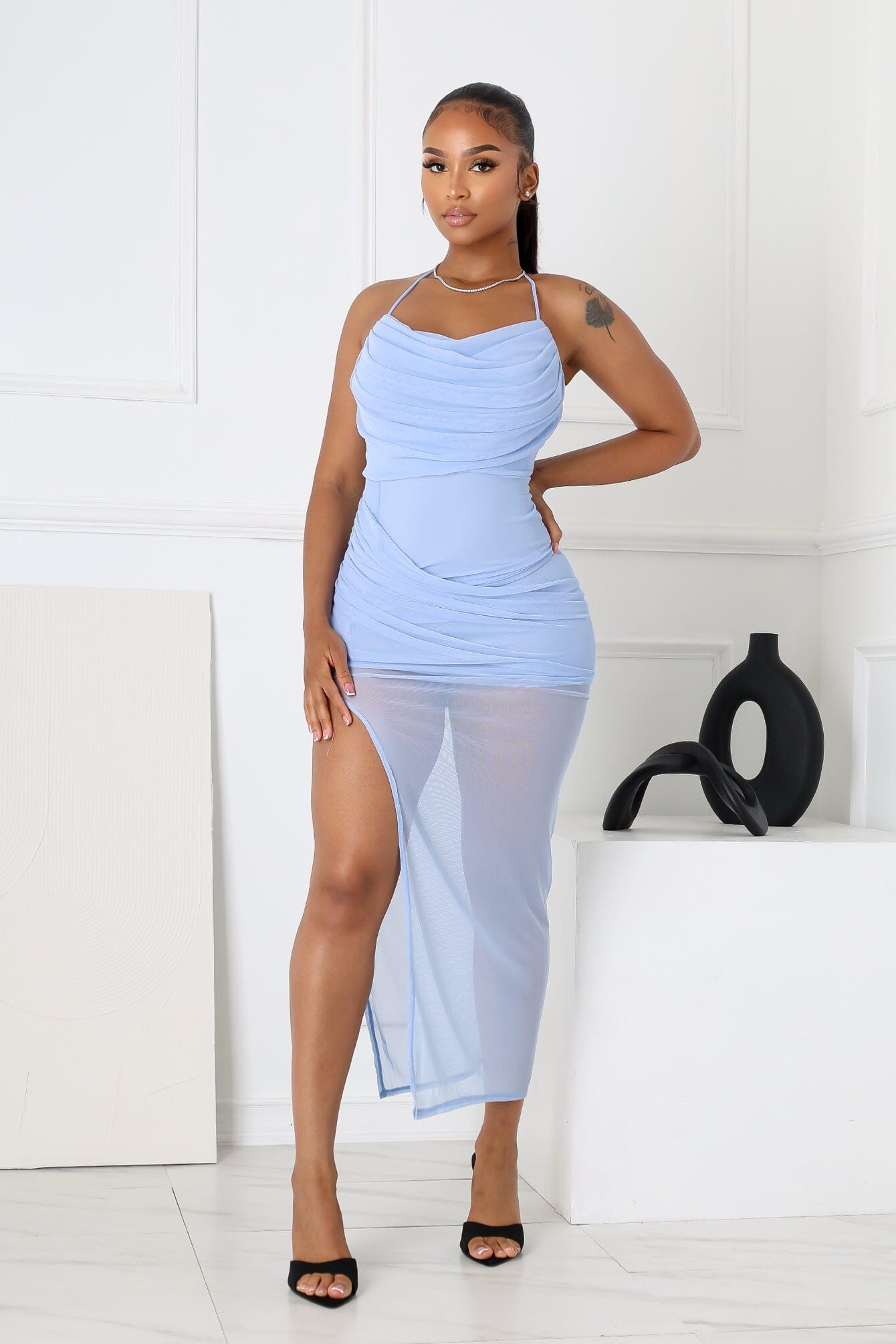 Soft Gaze Shirred Sheer Maxi Dress