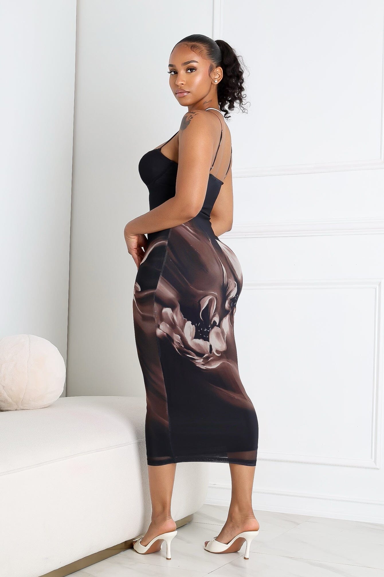 Camellia Floral Mesh Bustier Tank Midi Dress