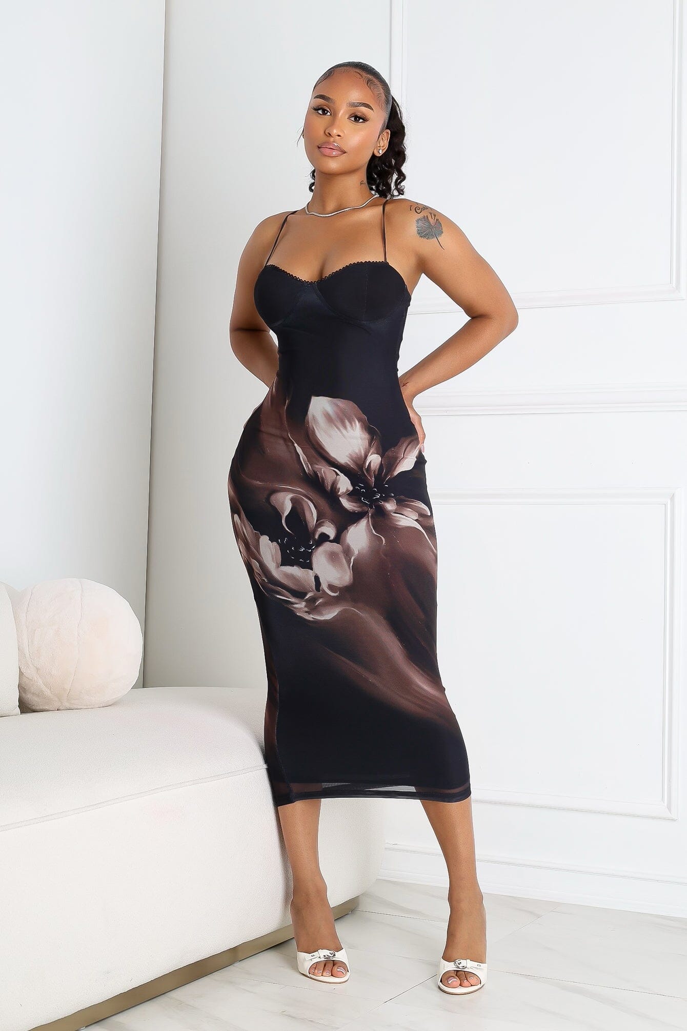 Camellia Floral Mesh Bustier Tank Midi Dress