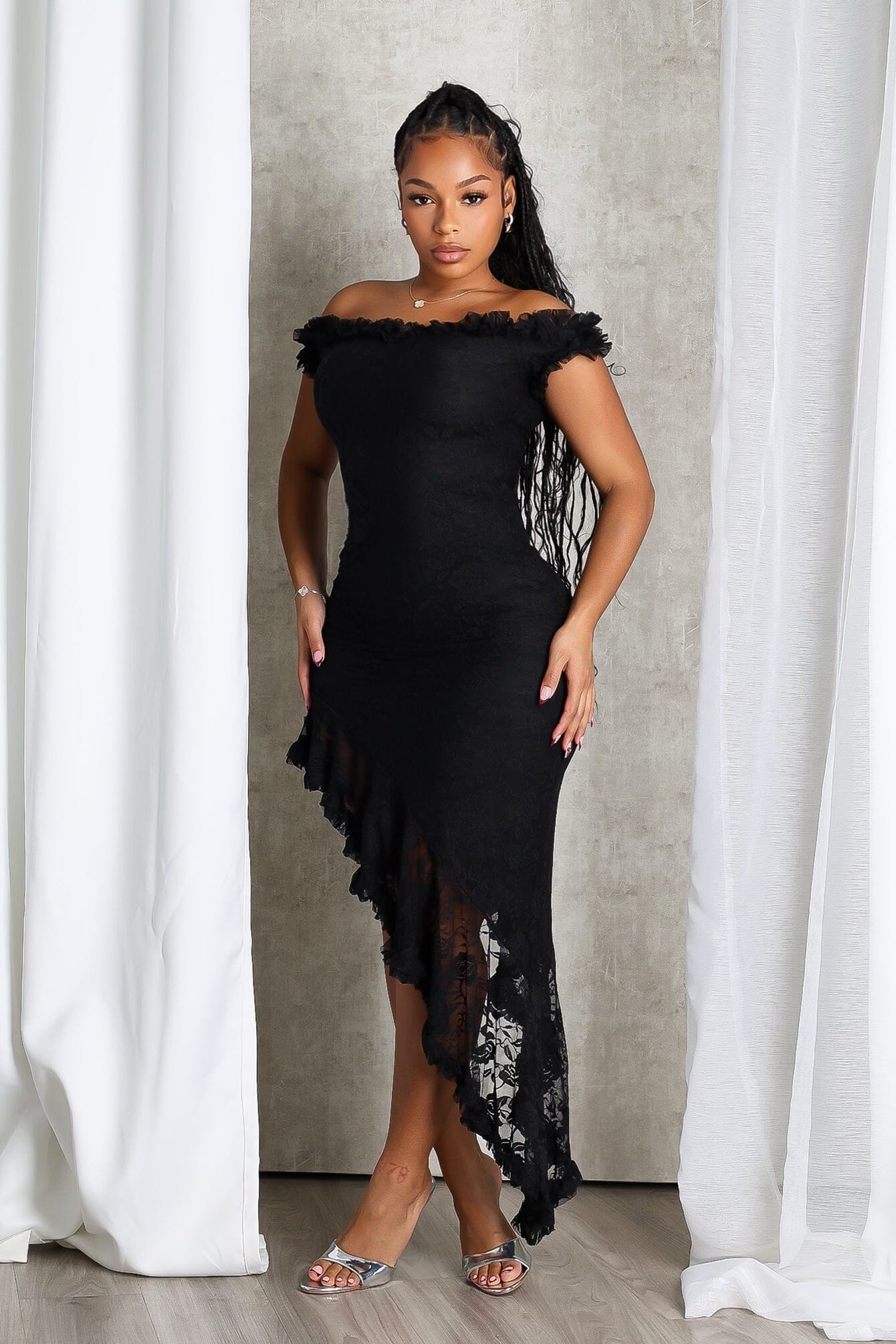 Asym Ruffle Muse Off Shoulder Midi Dress