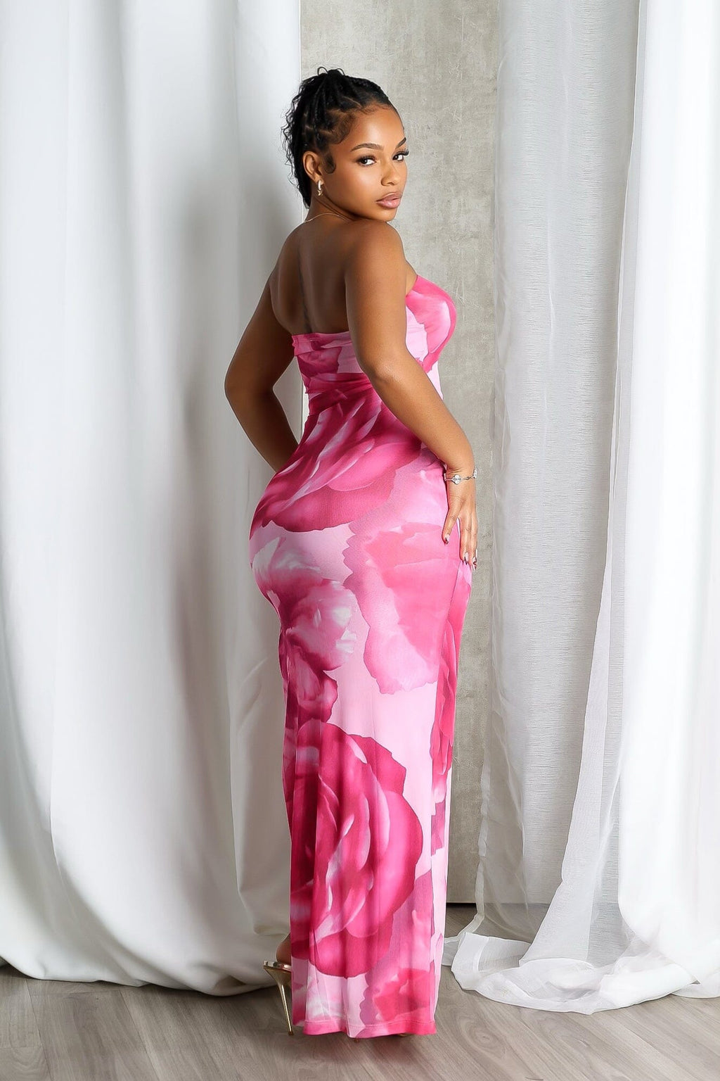 Powdery Floral Print Tube Maxi Dress