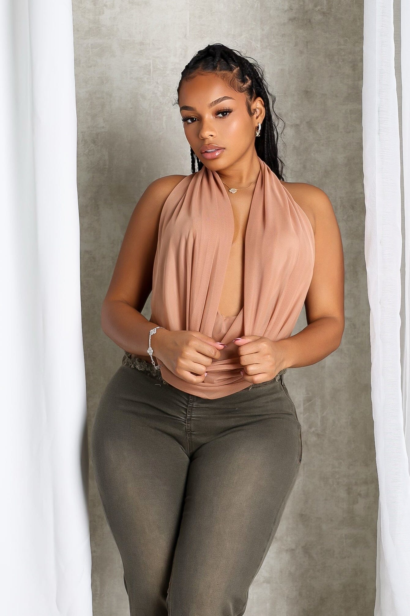 Cascading Mesh Cowl Neck Tie Top