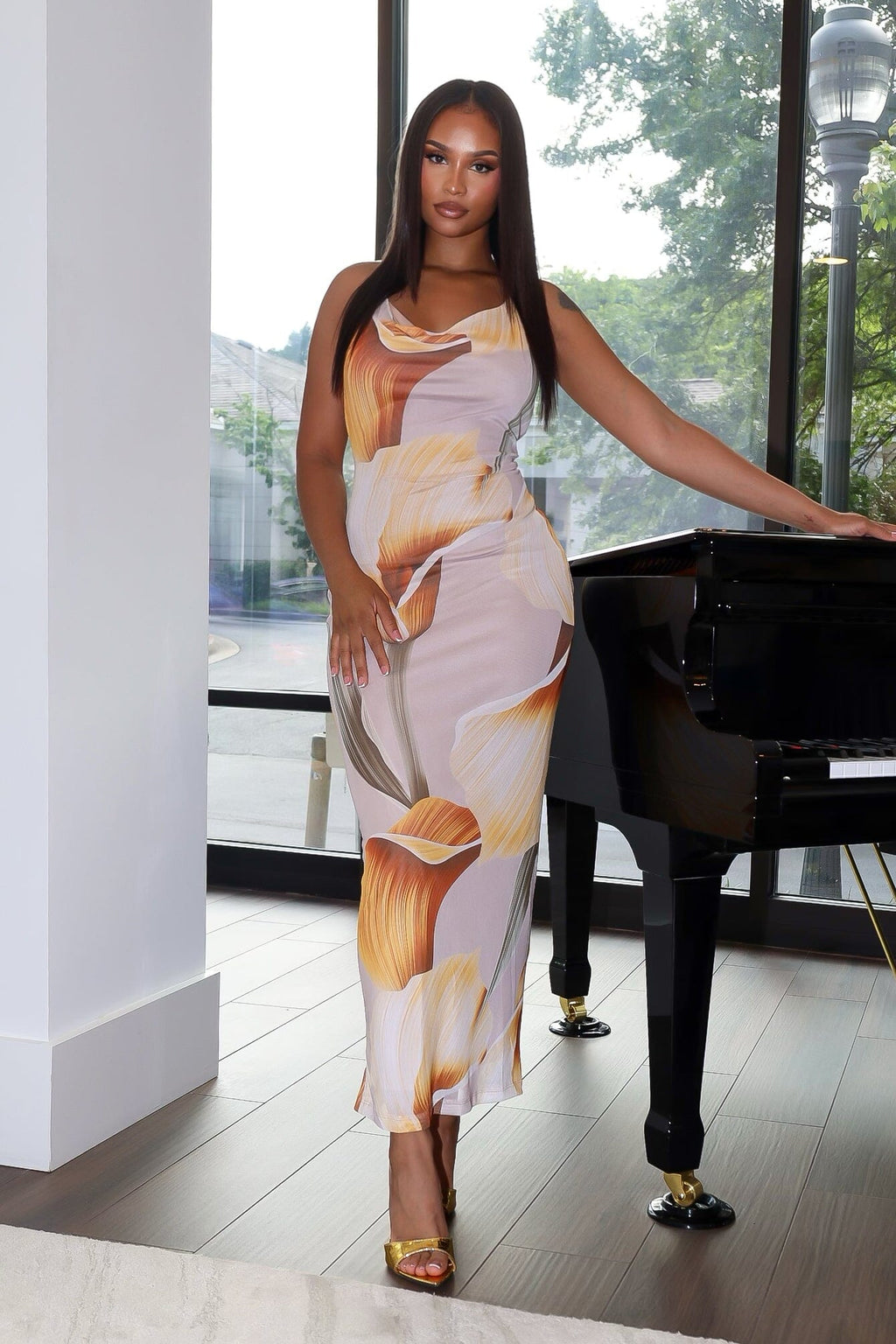 Tulipfield Mesh Print Halter Maxi Dress