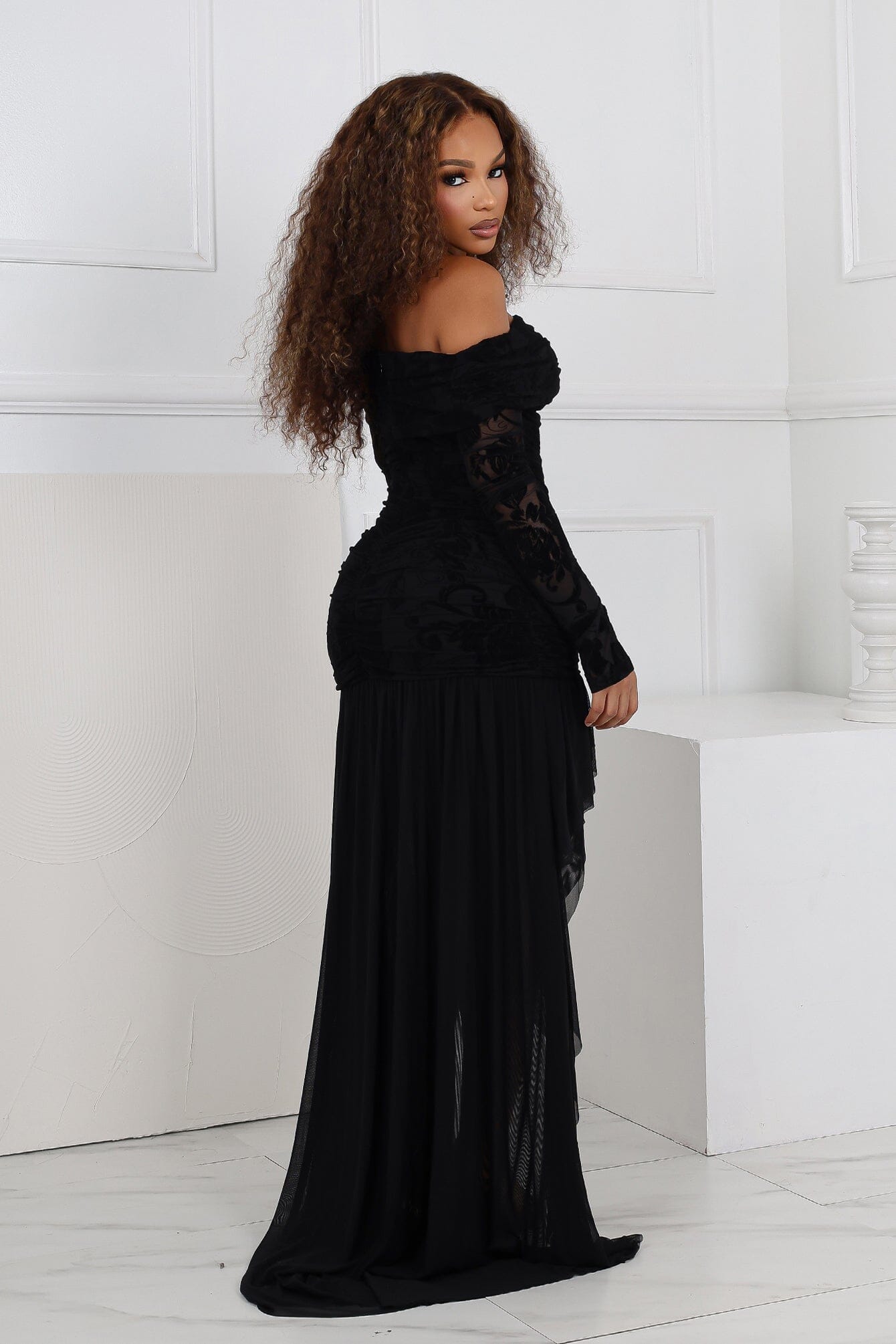 Alaina Velvet Burnout Off Shoulder Maxi Dress