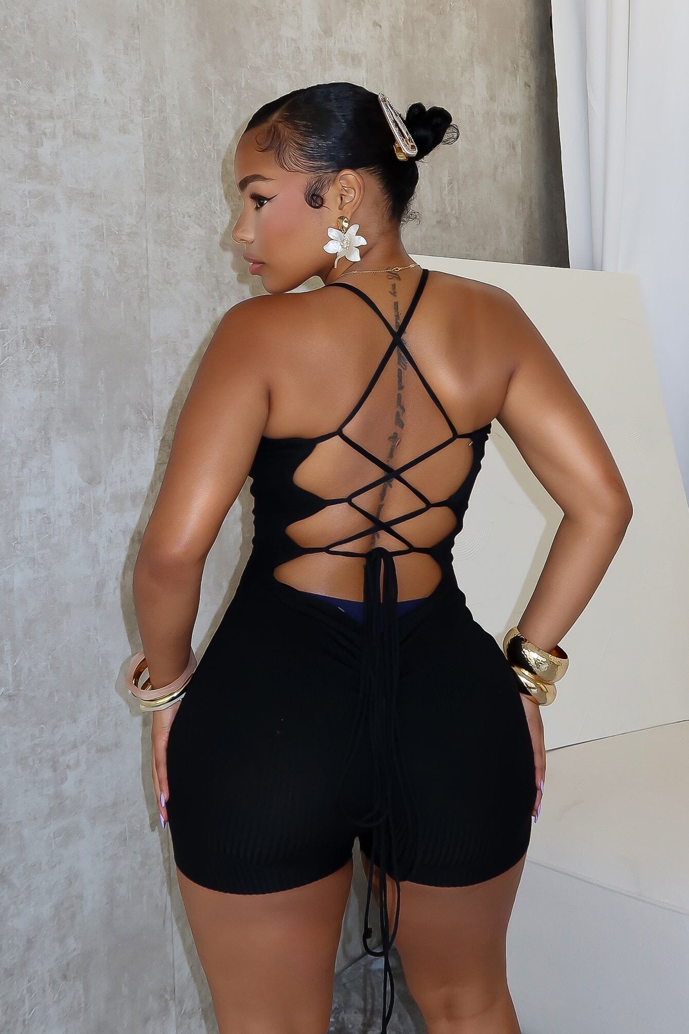 Marvin Double Straps Lace Up Knit Romper