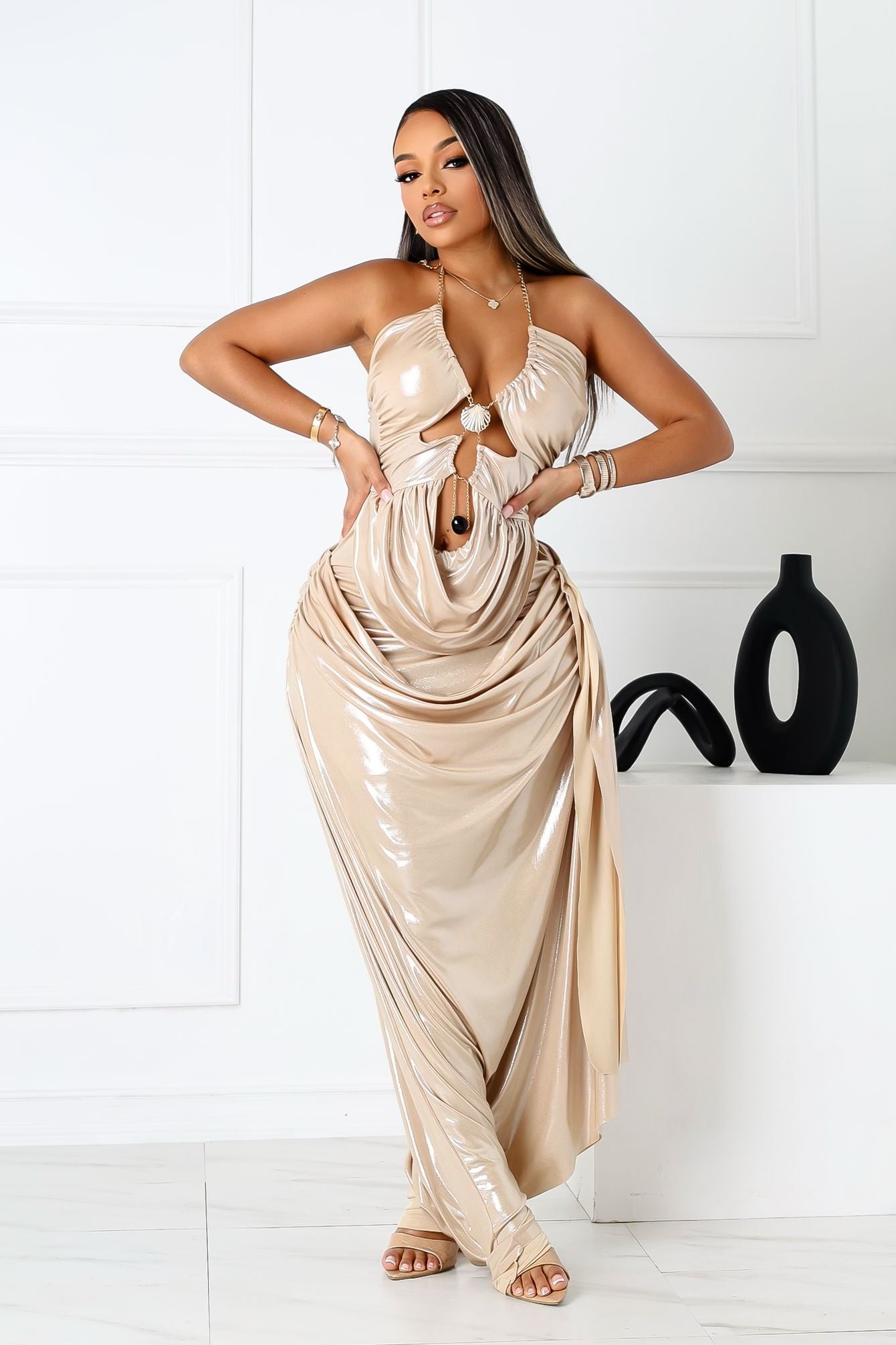 Callista Slinky Metallic Chain Halter Dress