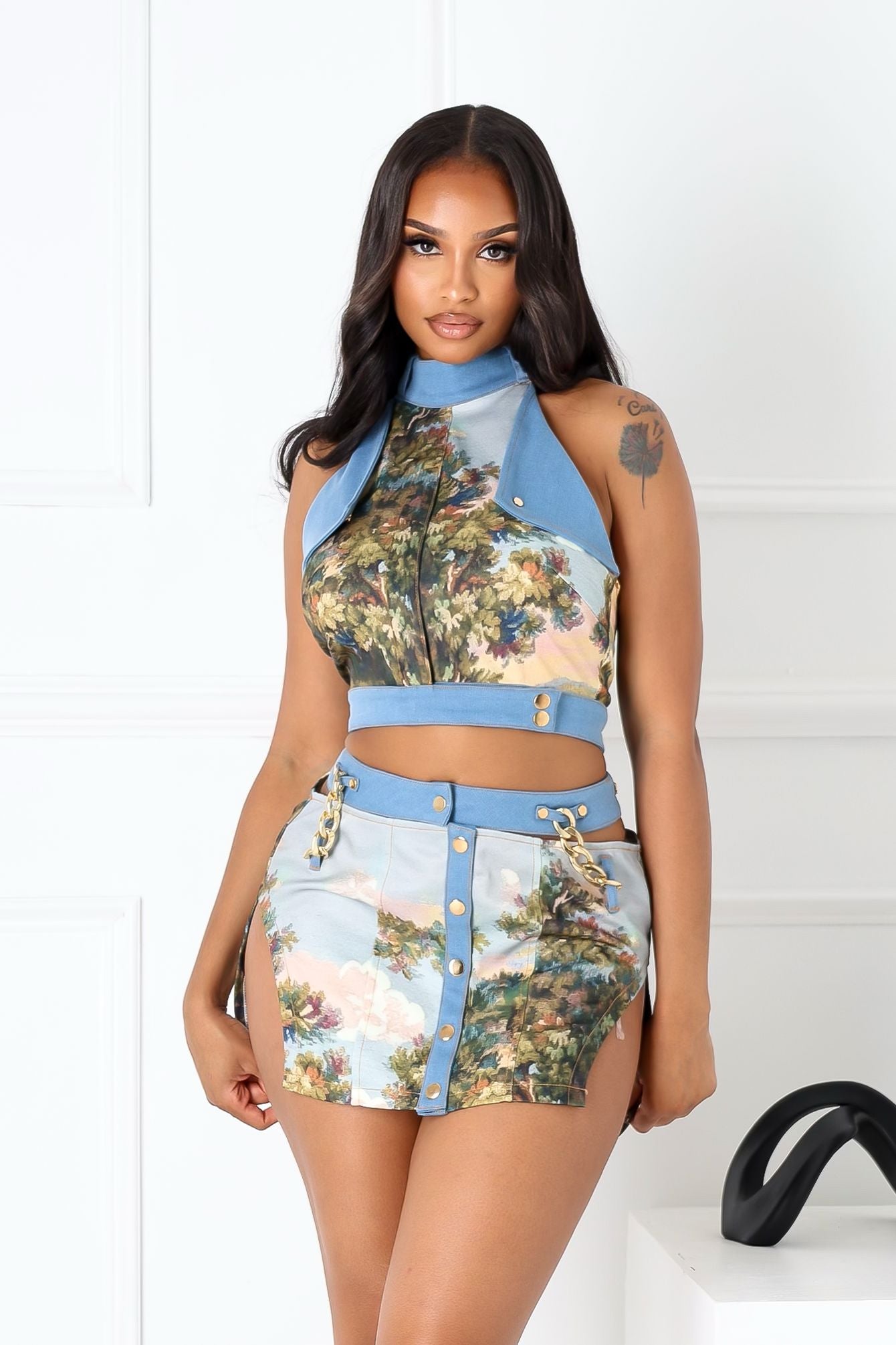 Florabound Denim Cutout Top & Skirt SET